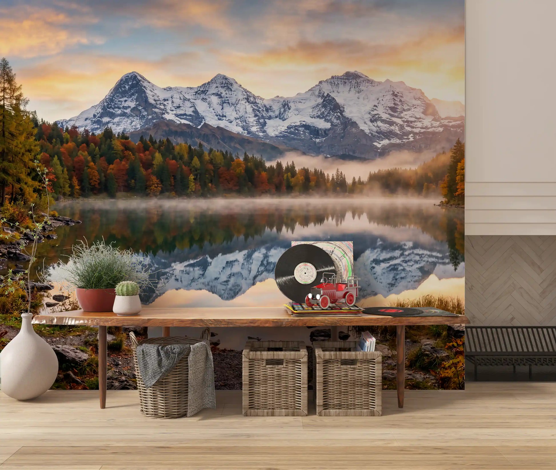 Mountain forest wall mural featuring Misty Peaks Autumn Reflections