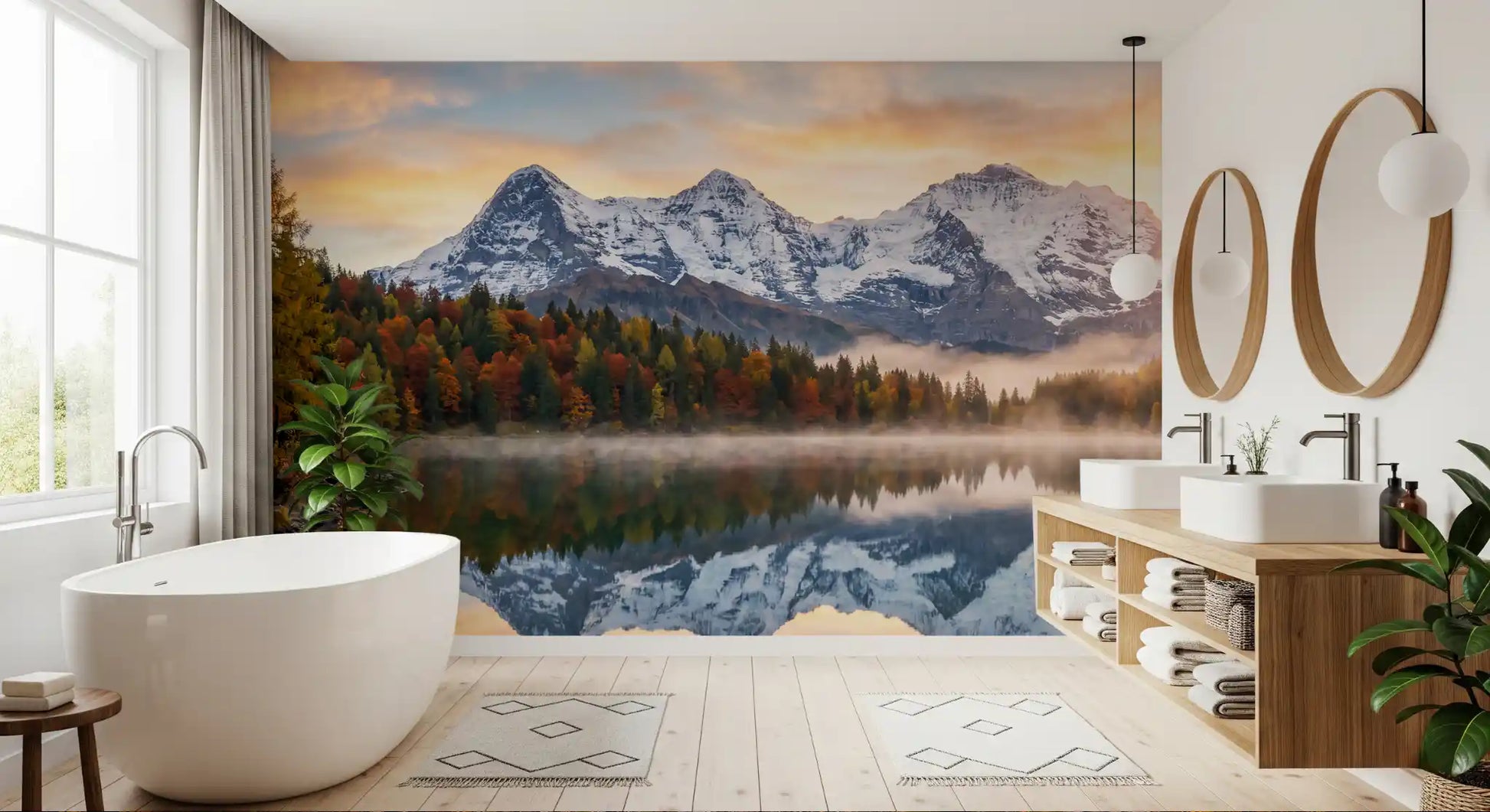 Bathroom wall featuring Misty Peaks Autumn Reflections wall mural mountains