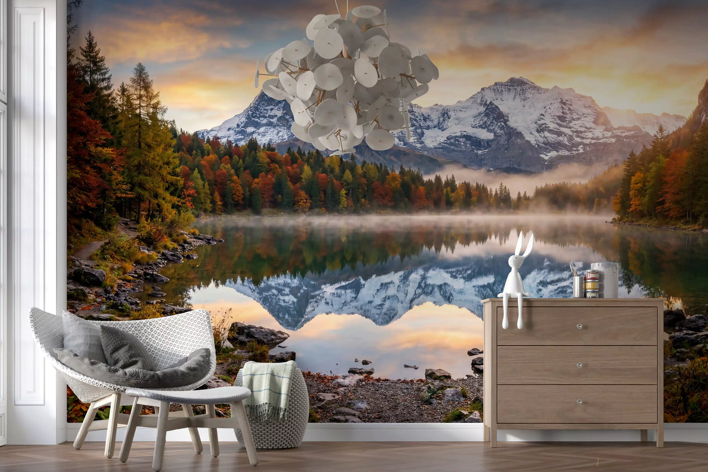 Hallway space using Misty Peaks Autumn Reflections wall mural forest lake