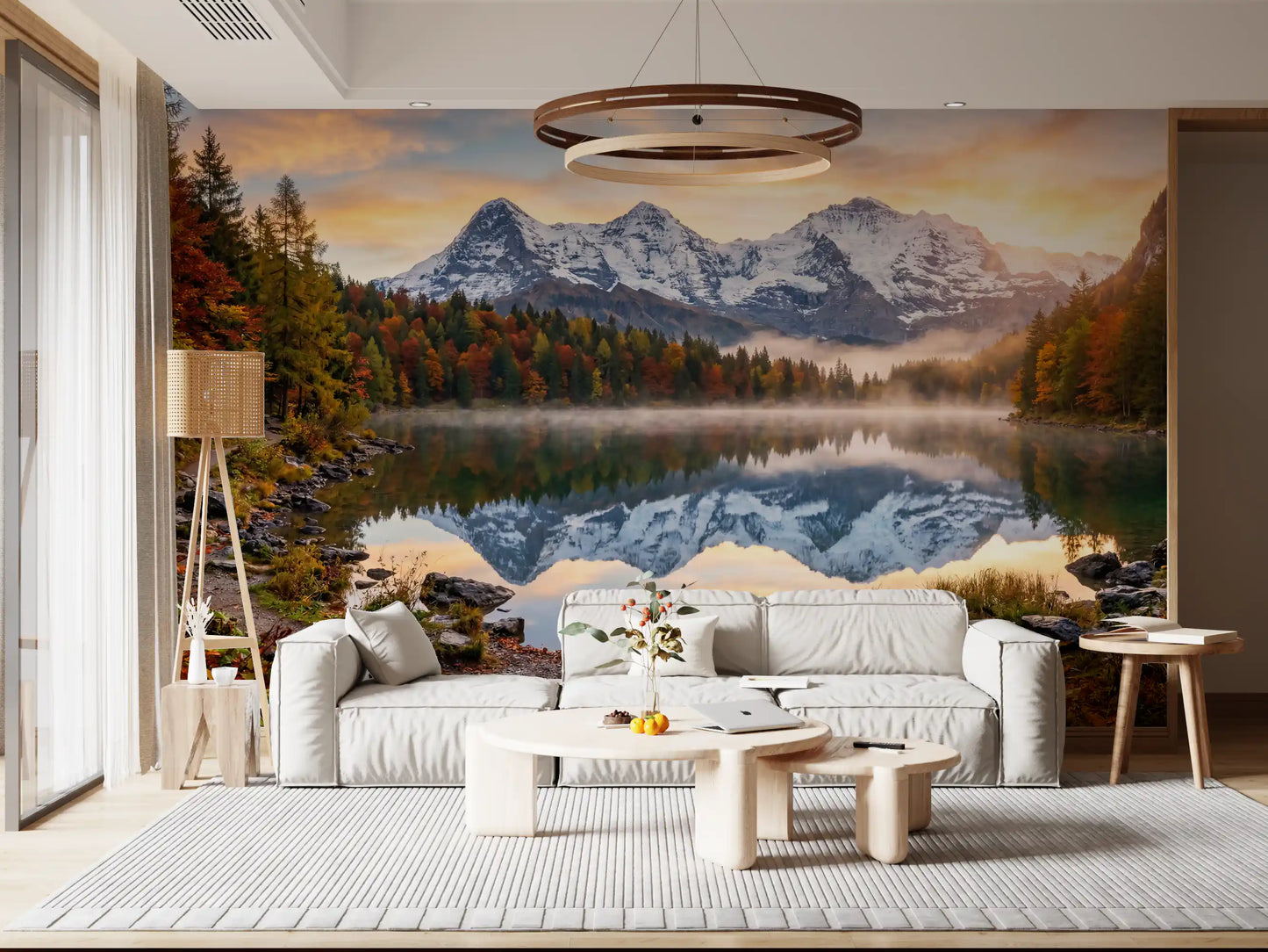 Nature lake wall mural with Misty Peaks Autumn Reflections mountain view