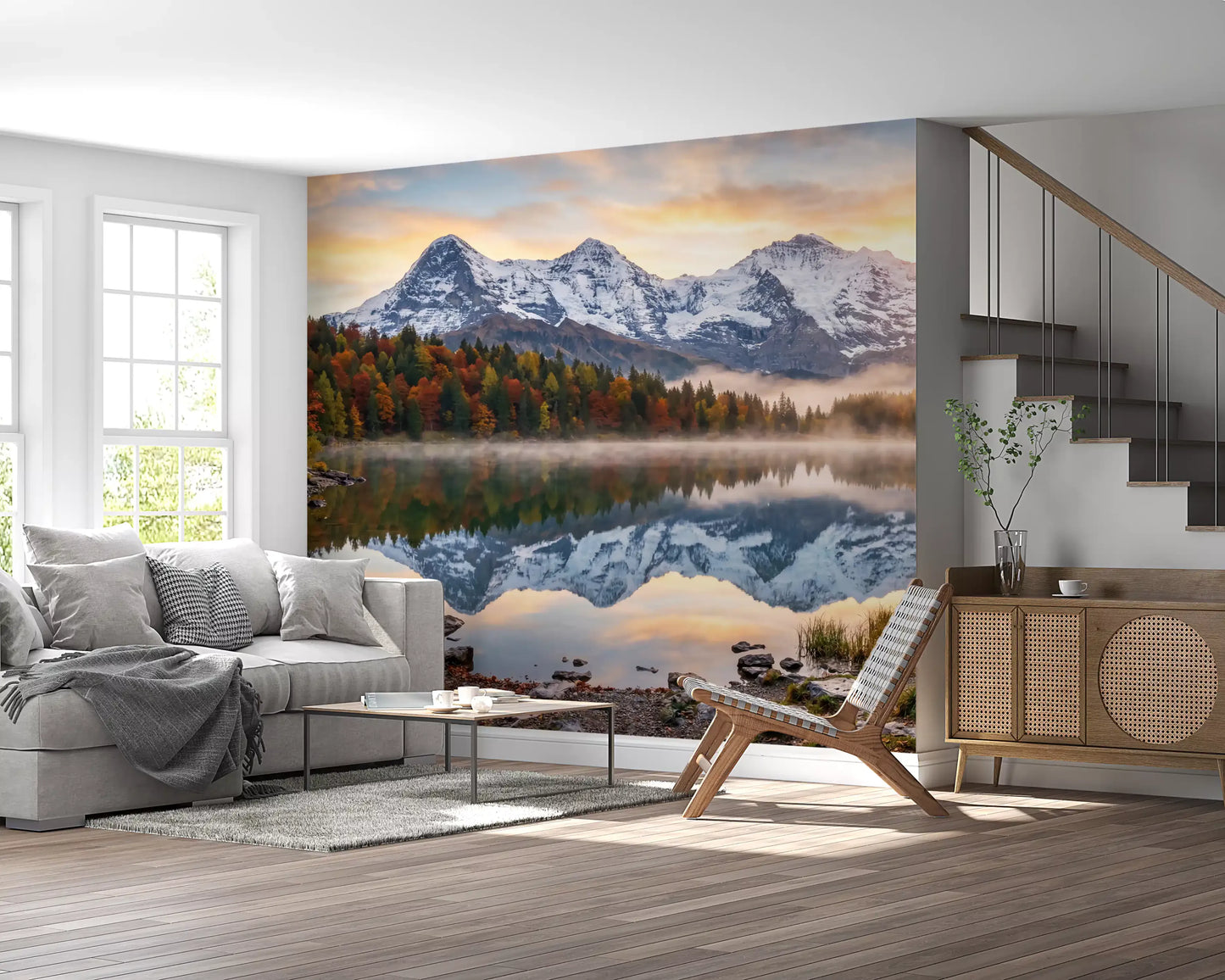 Misty Peaks Autumn Reflections wall mural with autumn trees and mist