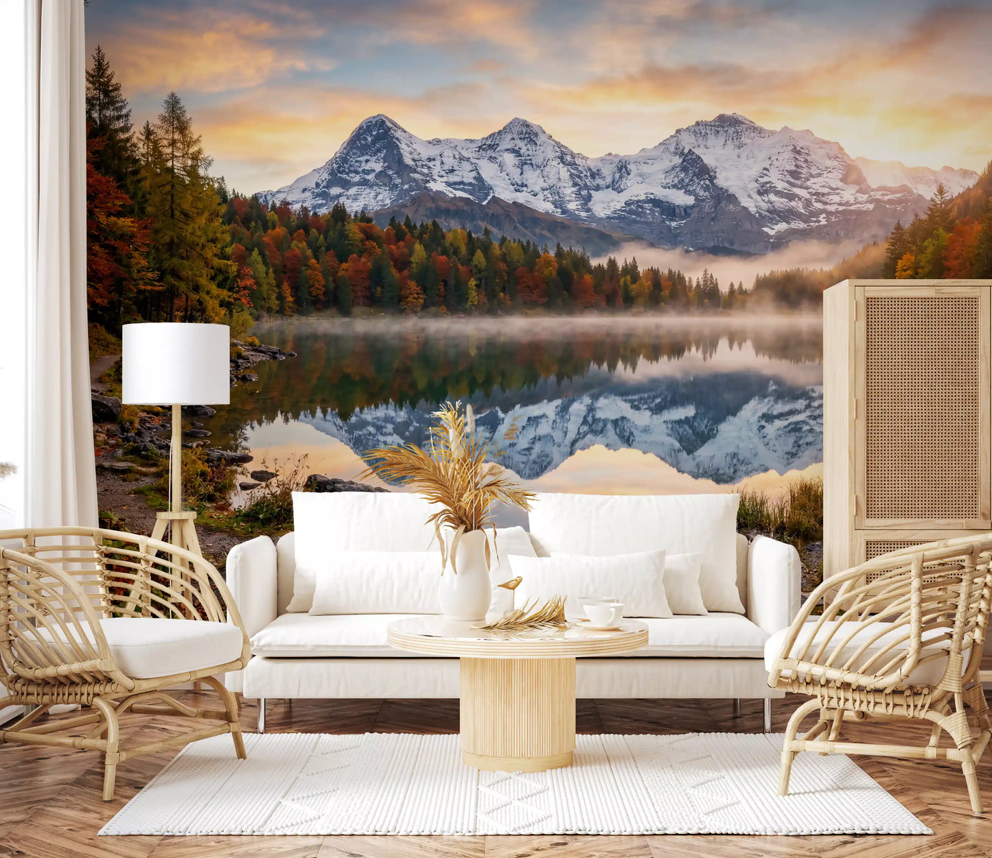 Misty Peaks Autumn Reflections wall mural with lake and mountain reflection