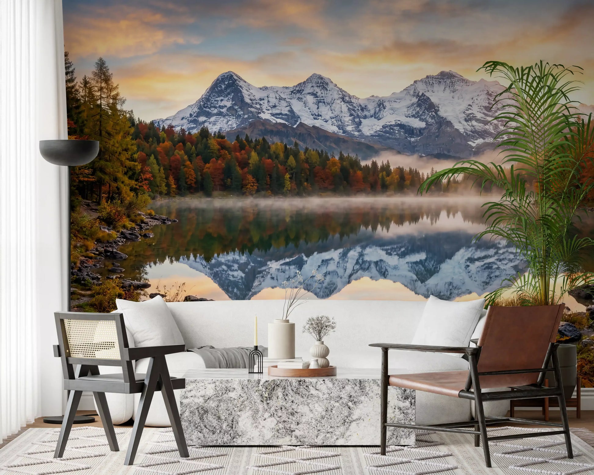 Scenic landscape wall mural featuring Misty Peaks Autumn Reflections