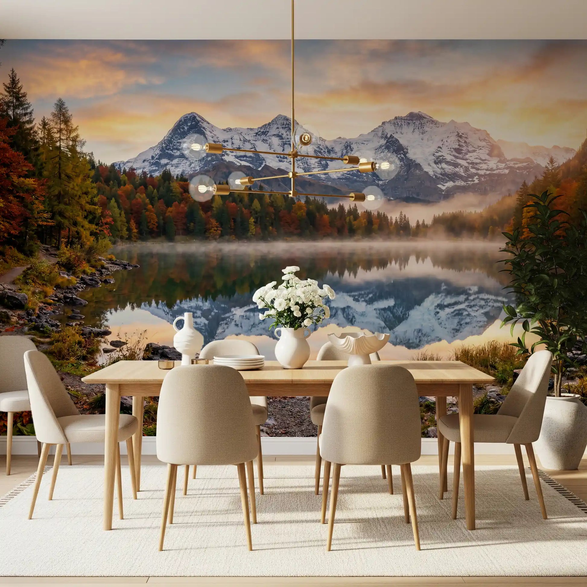 Misty Peaks Autumn Reflections wall mural showing mirrored water surface