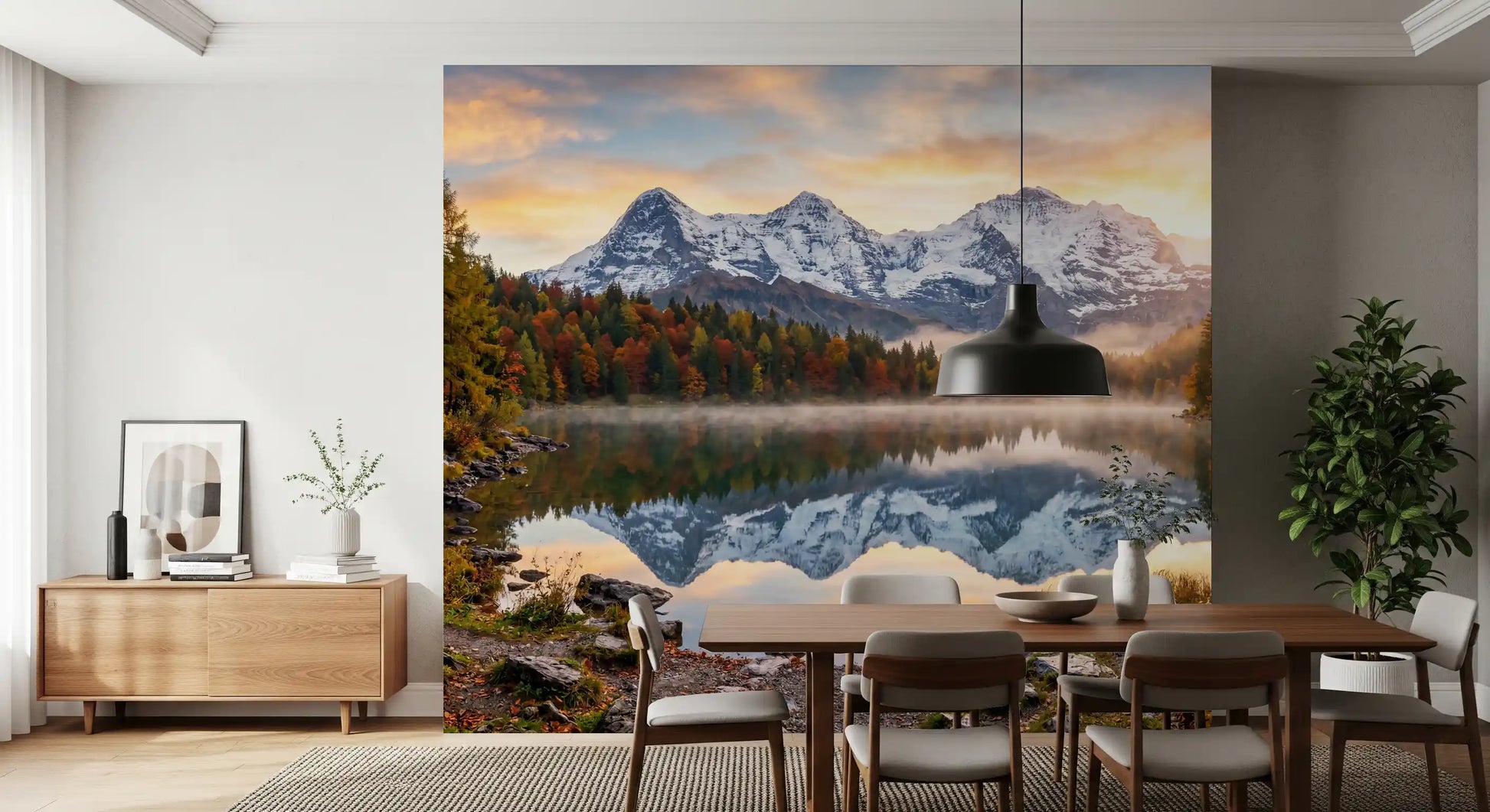 Dining room setup with Misty Peaks Autumn Reflections wall mural scenery