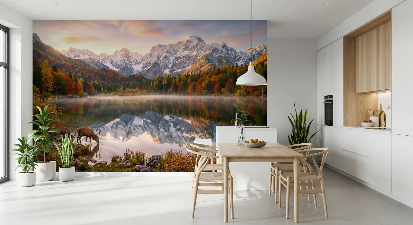 Alpine Autumn Reflection with Deer wall mural showing autumn trees and deer