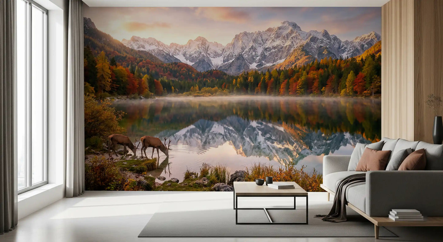 Mountain forest wall mural featuring Alpine Autumn Reflection with Deer