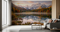 Mountain forest wall mural featuring Alpine Autumn Reflection with Deer