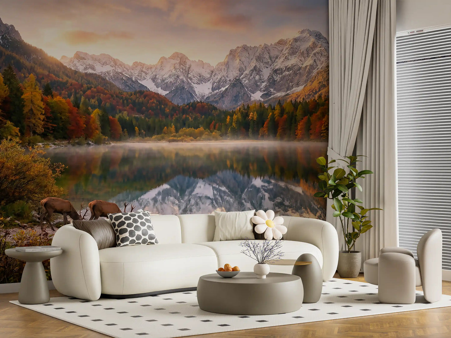 Hallway wall featuring Alpine Autumn Reflection with Deer wall mural mountains