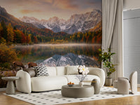 Hallway wall featuring Alpine Autumn Reflection with Deer wall mural mountains