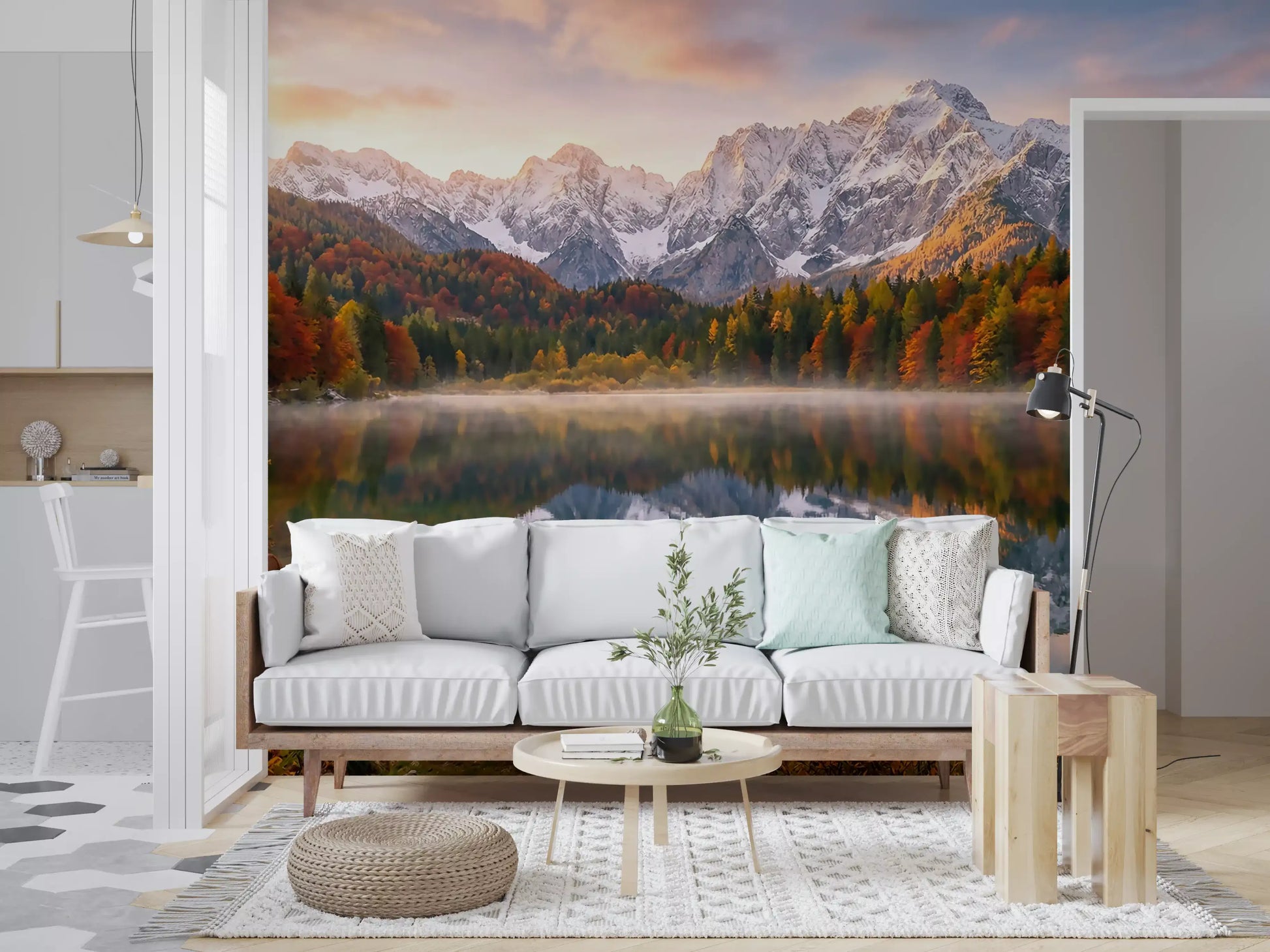 Alpine Autumn Reflection with Deer wall mural with lake and mountain view