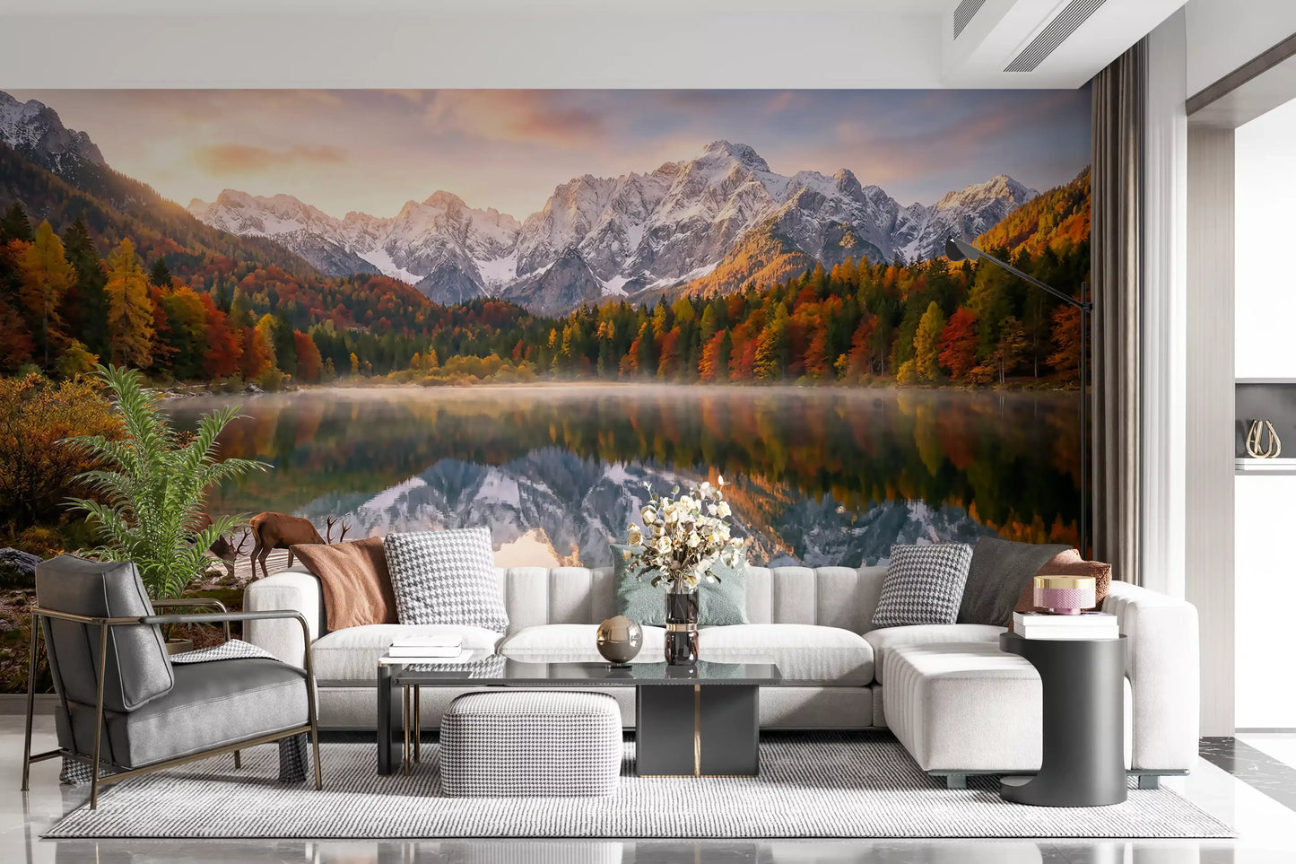 Nature landscape wall mural featuring Alpine Autumn Reflection with Deer