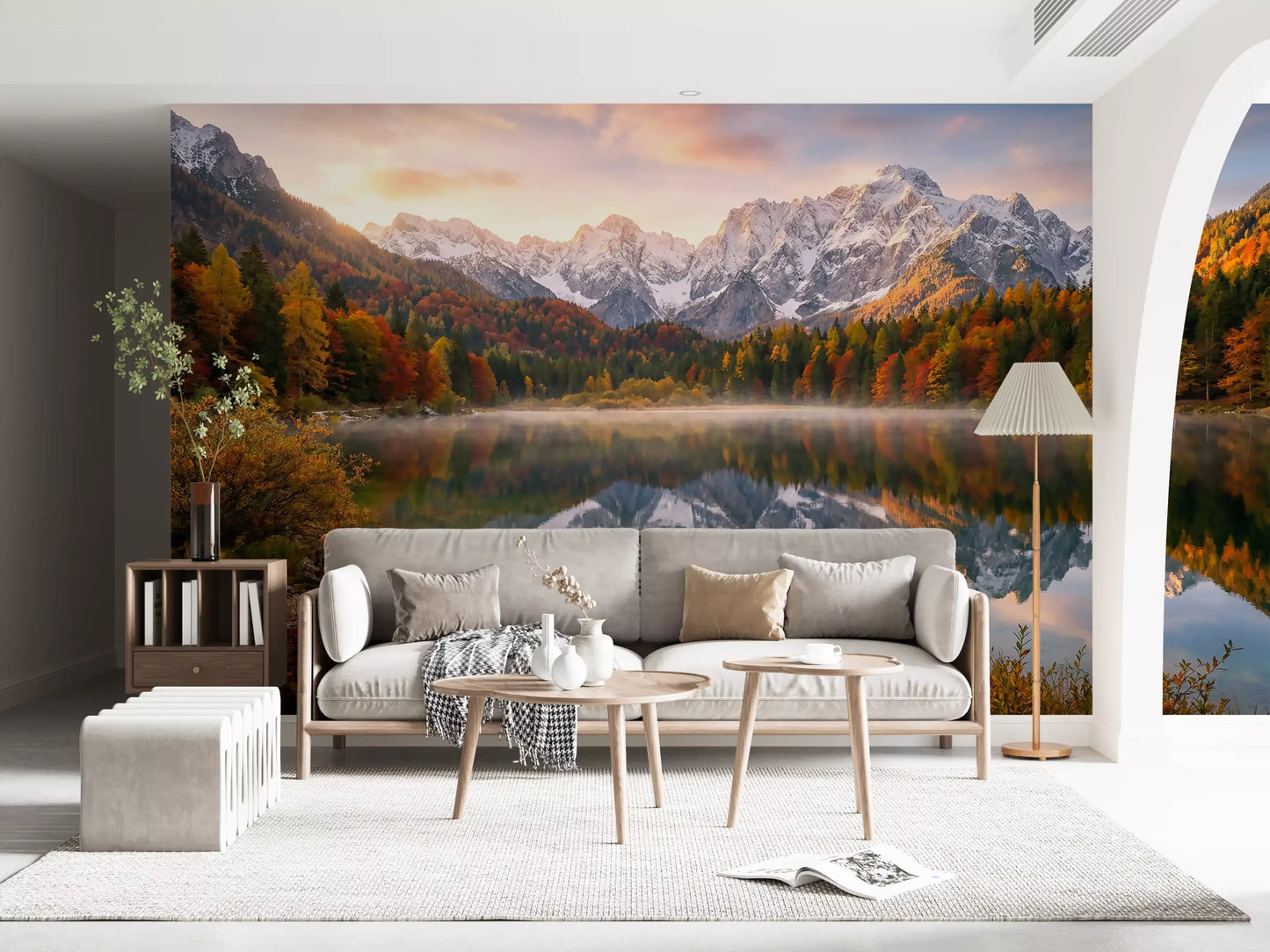 Alpine Autumn Reflection with Deer wall mural with mirrored water reflection