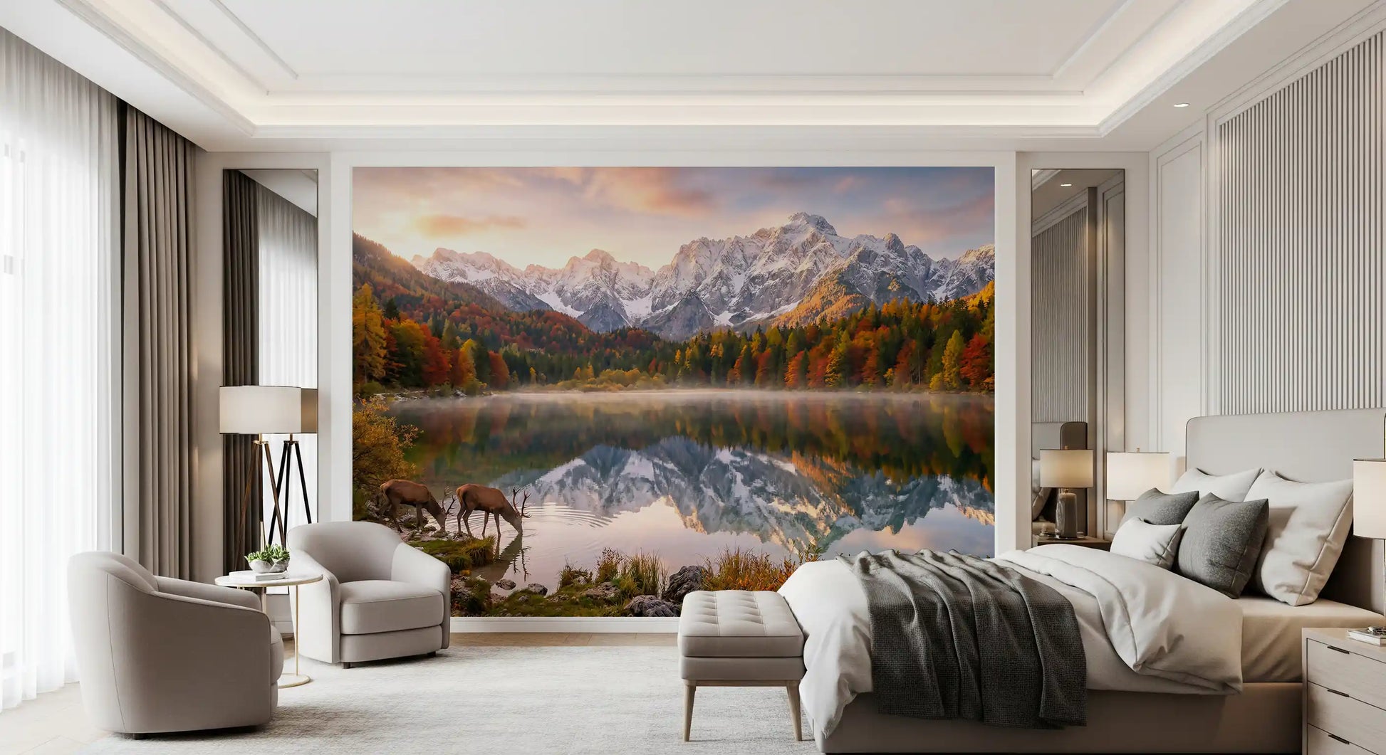 Bedroom space using Alpine Autumn Reflection with Deer wall mural forest lake
