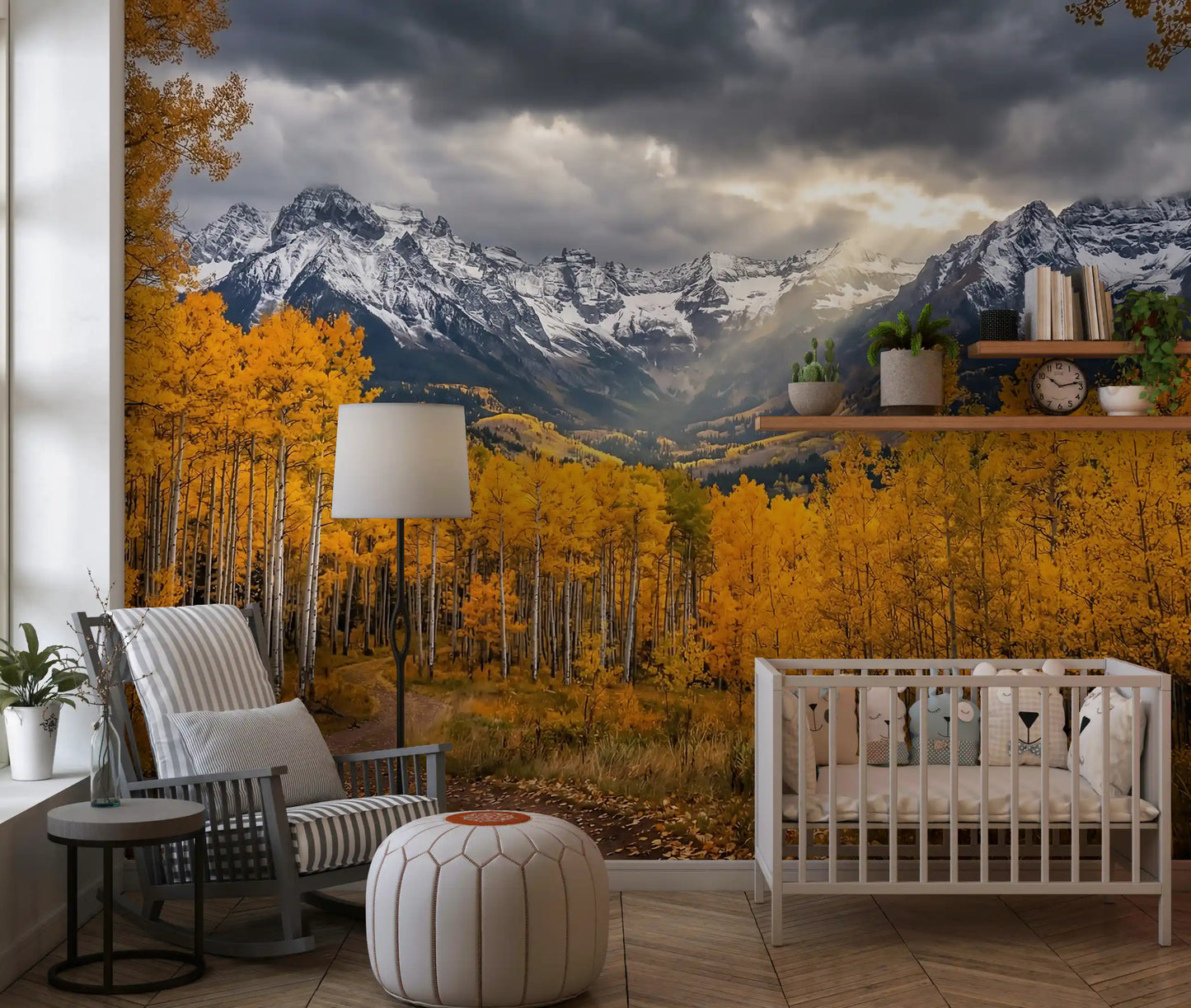 Golden Aspen Majesty wall mural with aspen trees and mountain peaks