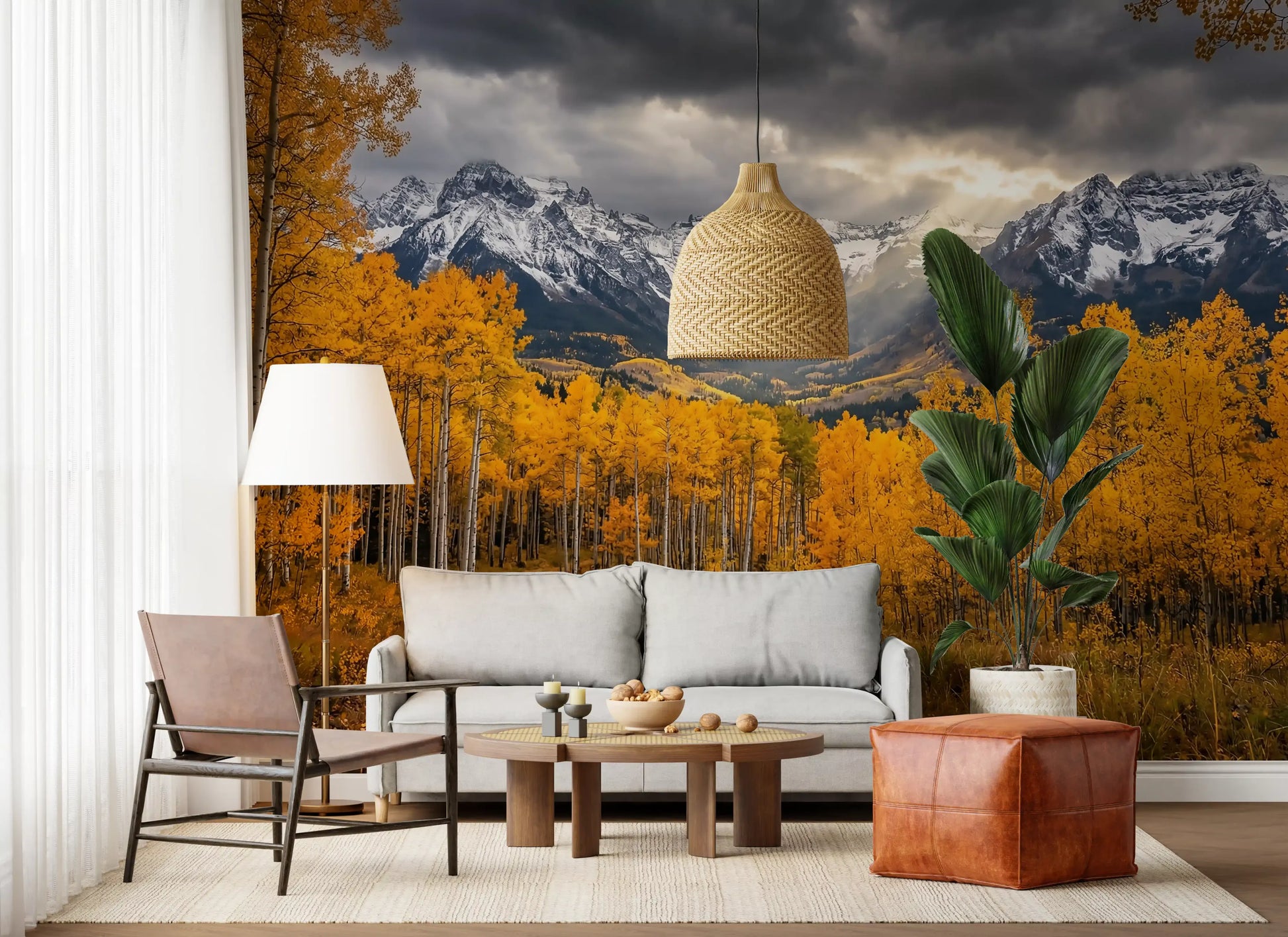 Detailed forest wall mural featuring Golden Aspen Majesty mountain view