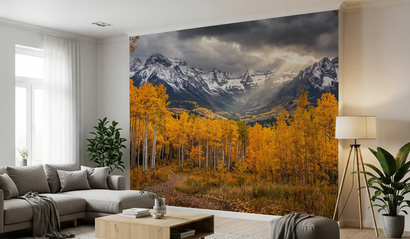 Golden Aspen Majesty wall mural with golden trees and snowy mountains