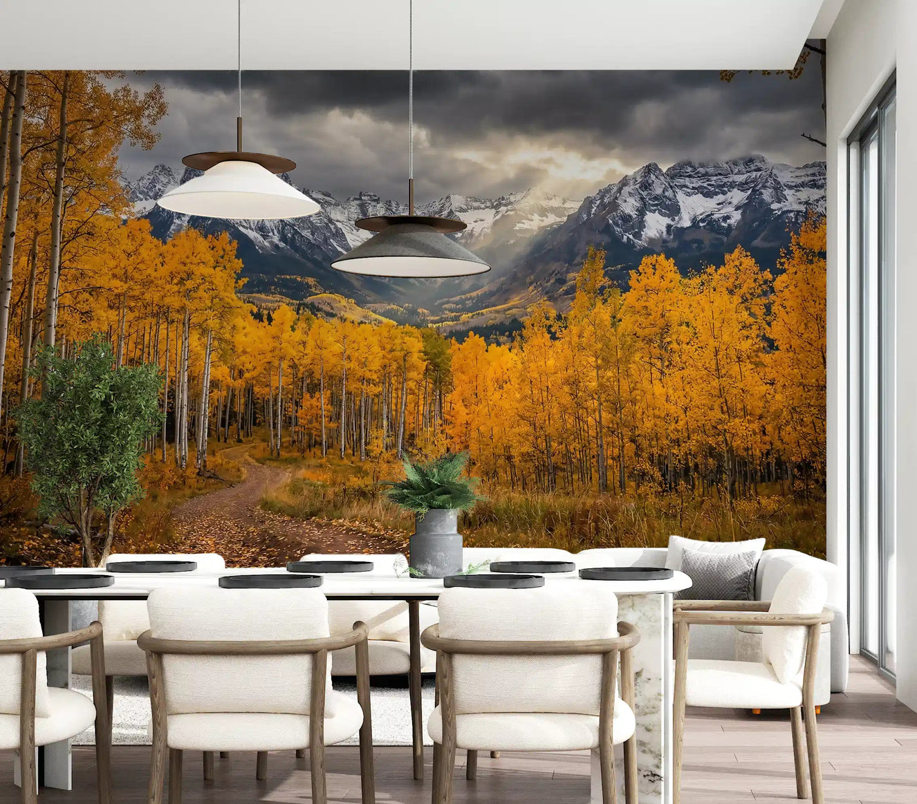 Dining area using Golden Aspen Majesty wall mural tree path scene