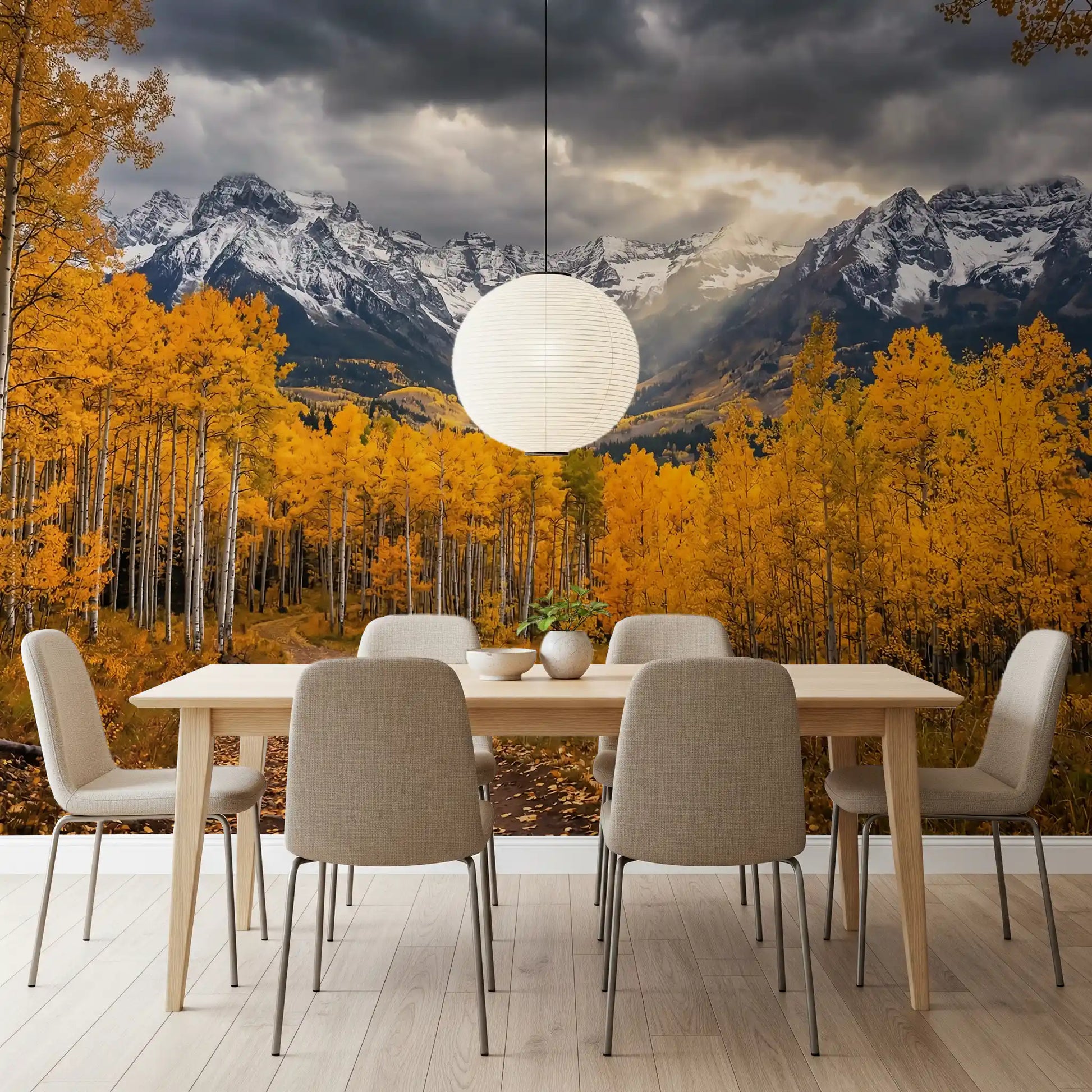 Golden Aspen Majesty wall mural showing forest trail and sky clouds