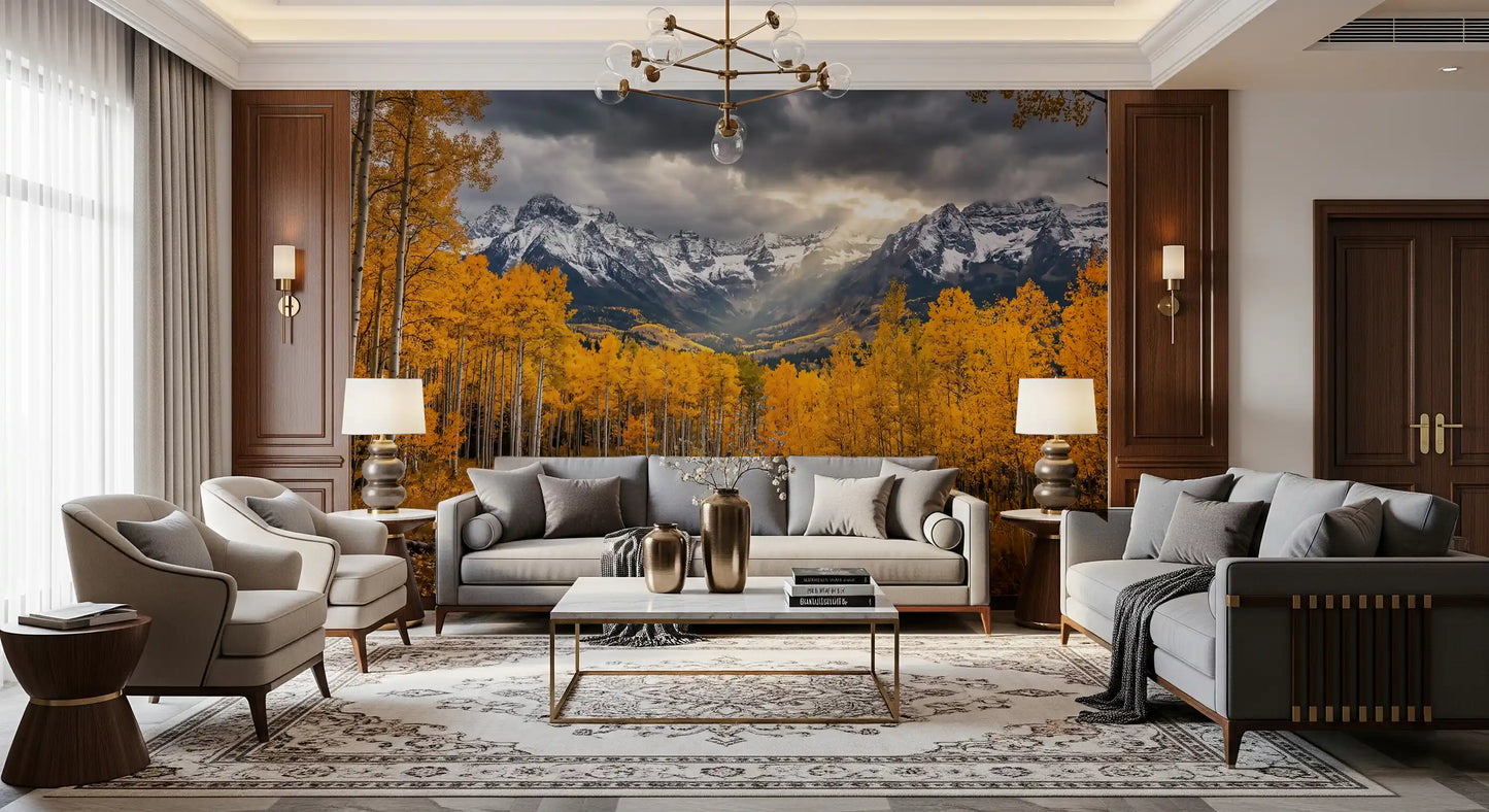 Living room styled with Golden Aspen Majesty wall mural forest mountain view