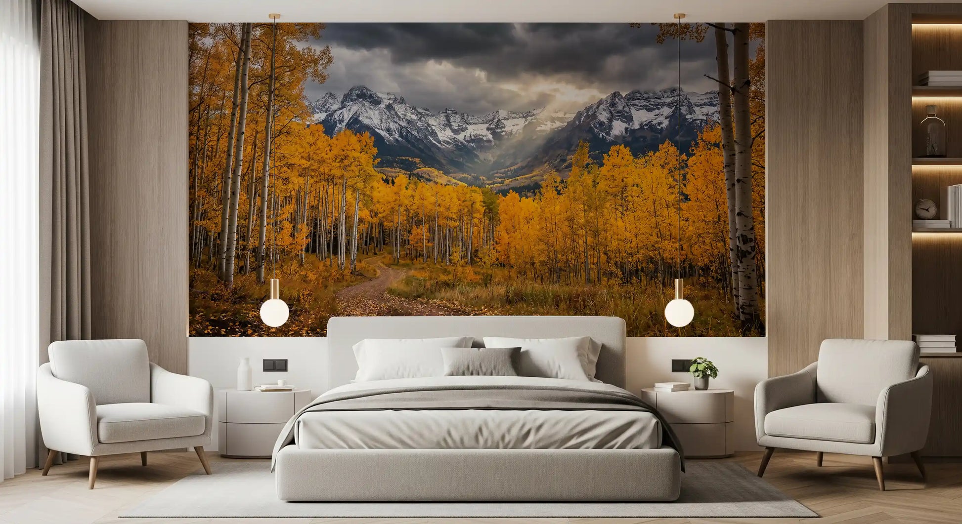 Bedroom wall featuring Golden Aspen Majesty wall mural autumn landscape