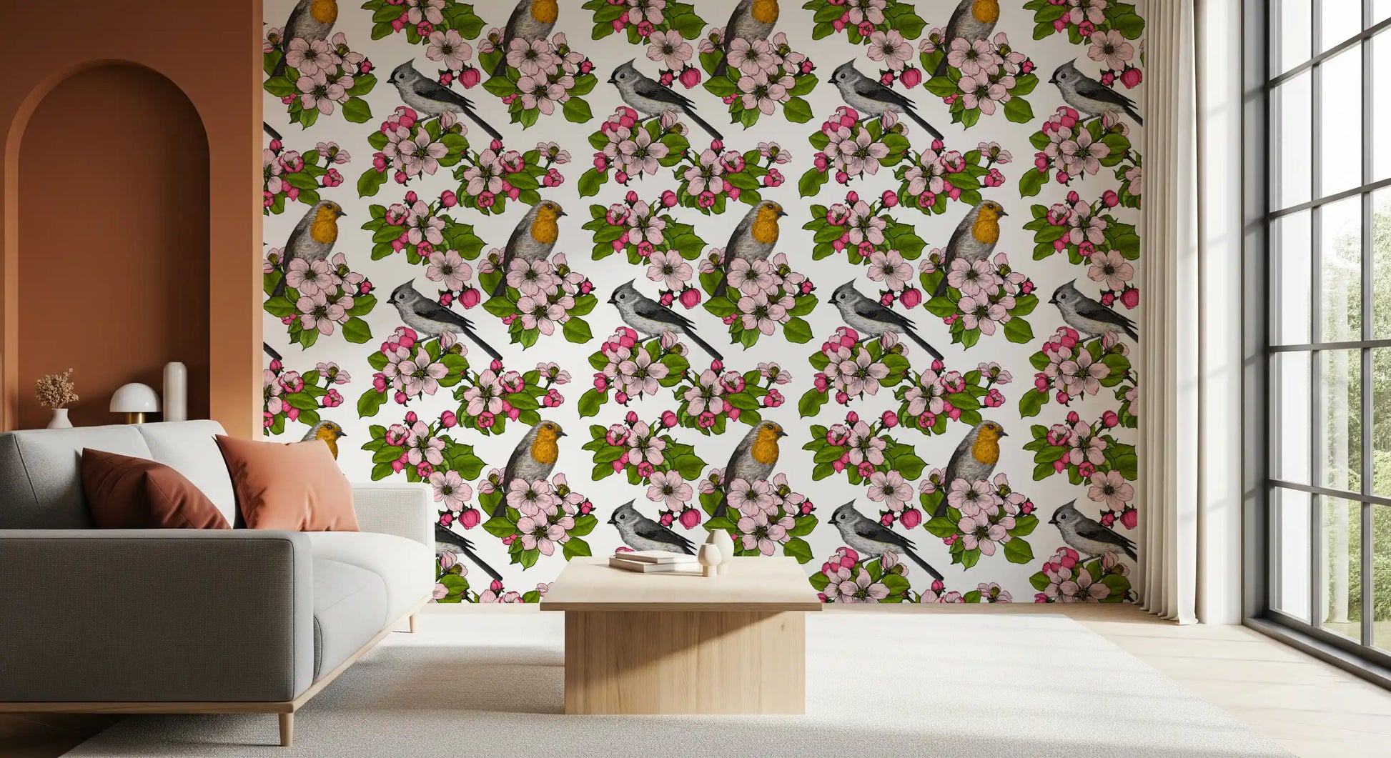 Hallway space using Birds and Blossoms on White wallpaper nature layout
