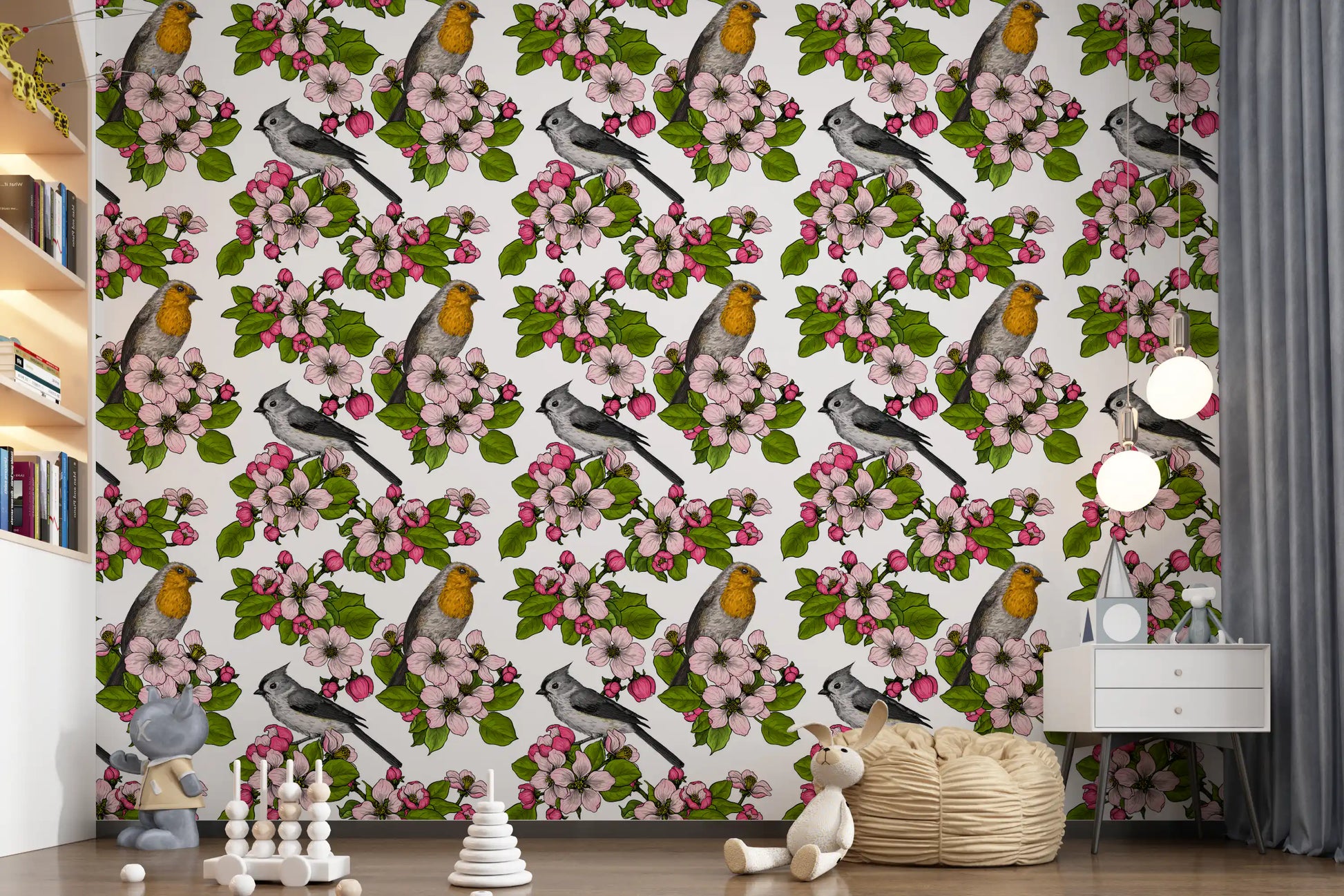 Nature wallpaper with Birds and Blossoms on White bird illustration