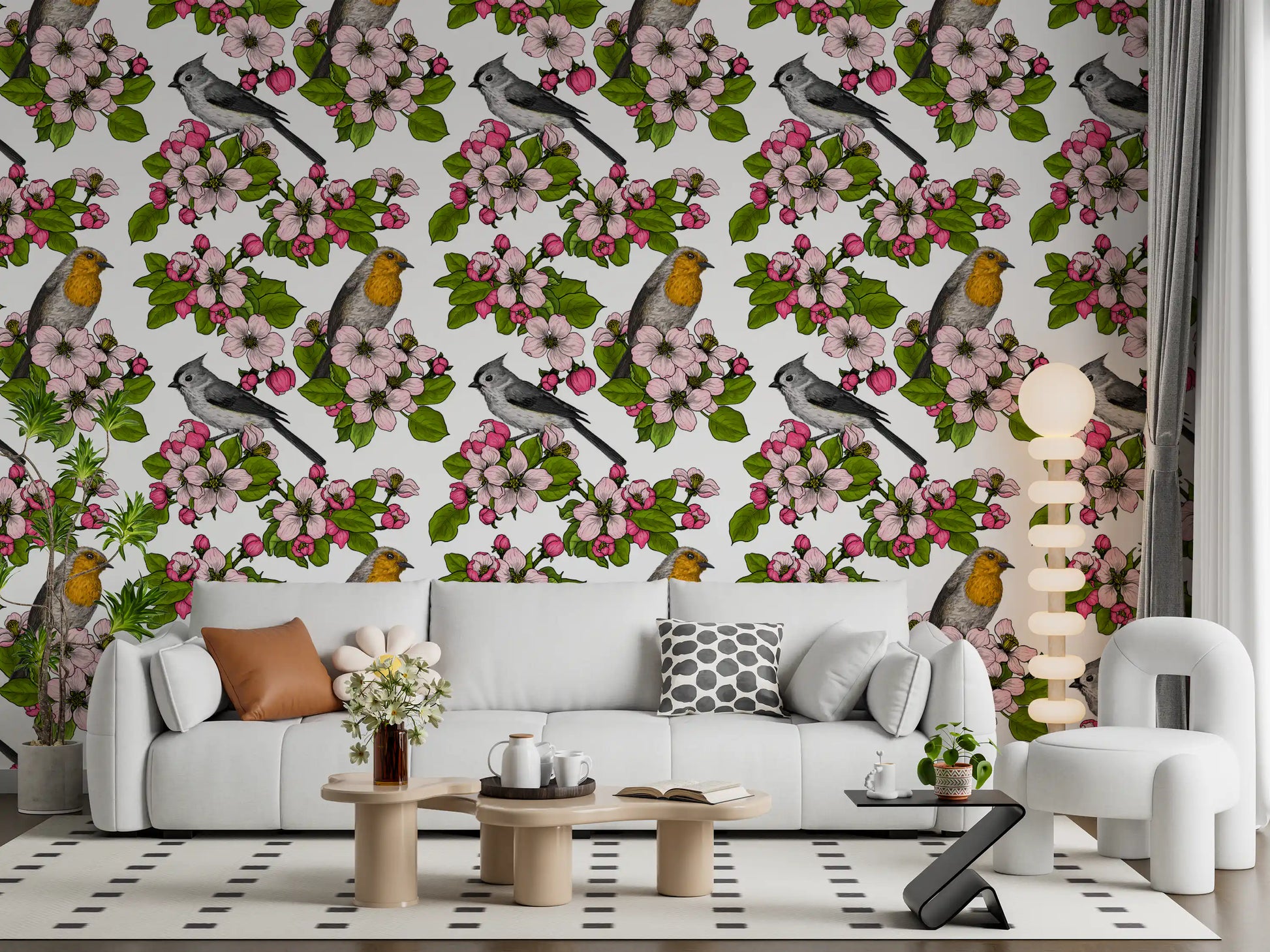 Floral bird wallpaper featuring Birds and Blossoms on White pattern