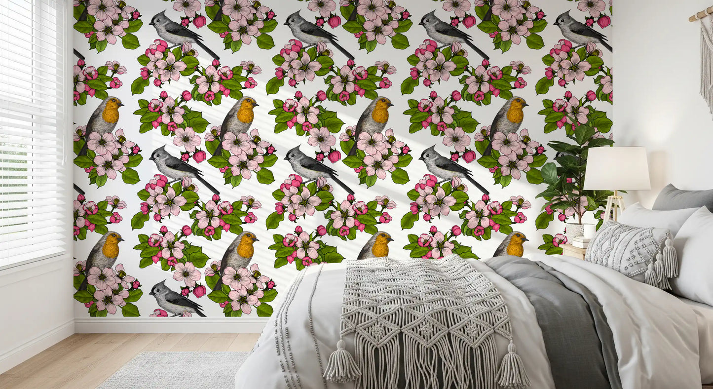 White floral wallpaper with Birds and Blossoms bird pattern design