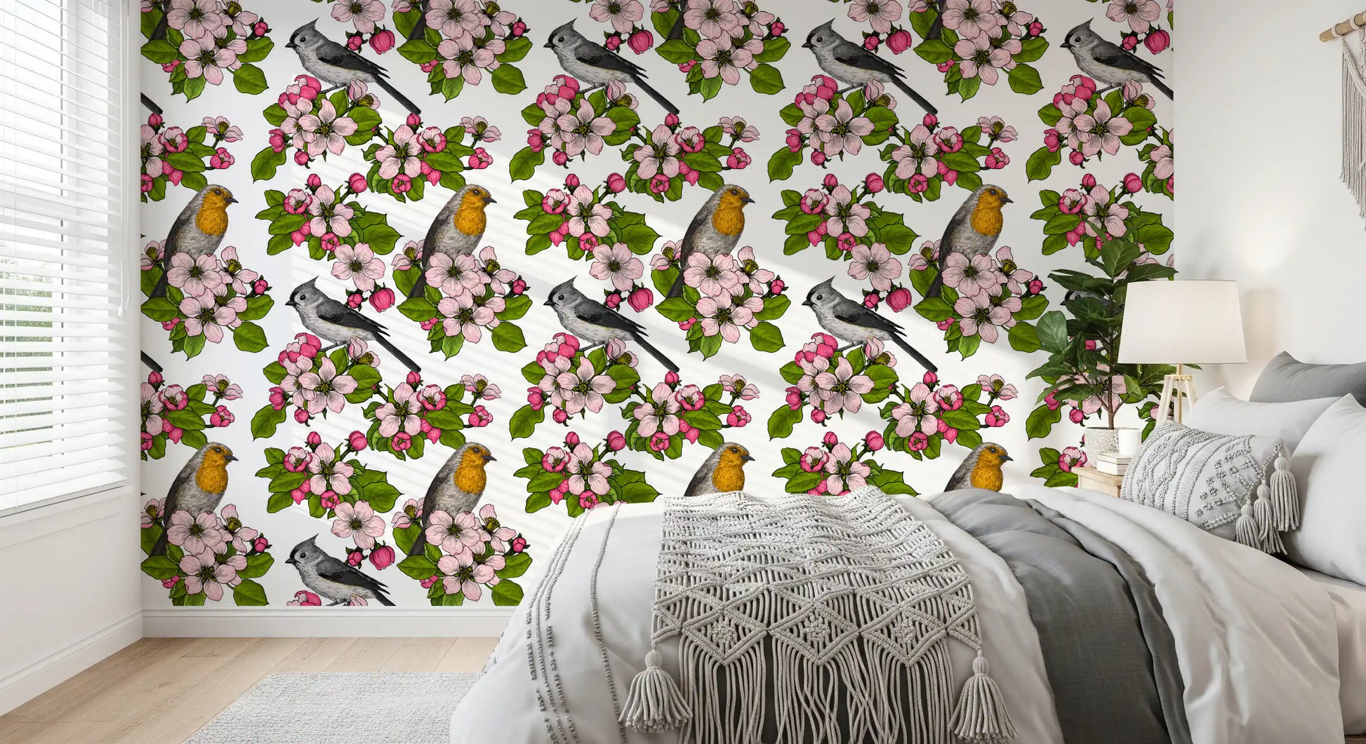 White floral wallpaper with Birds and Blossoms bird pattern design