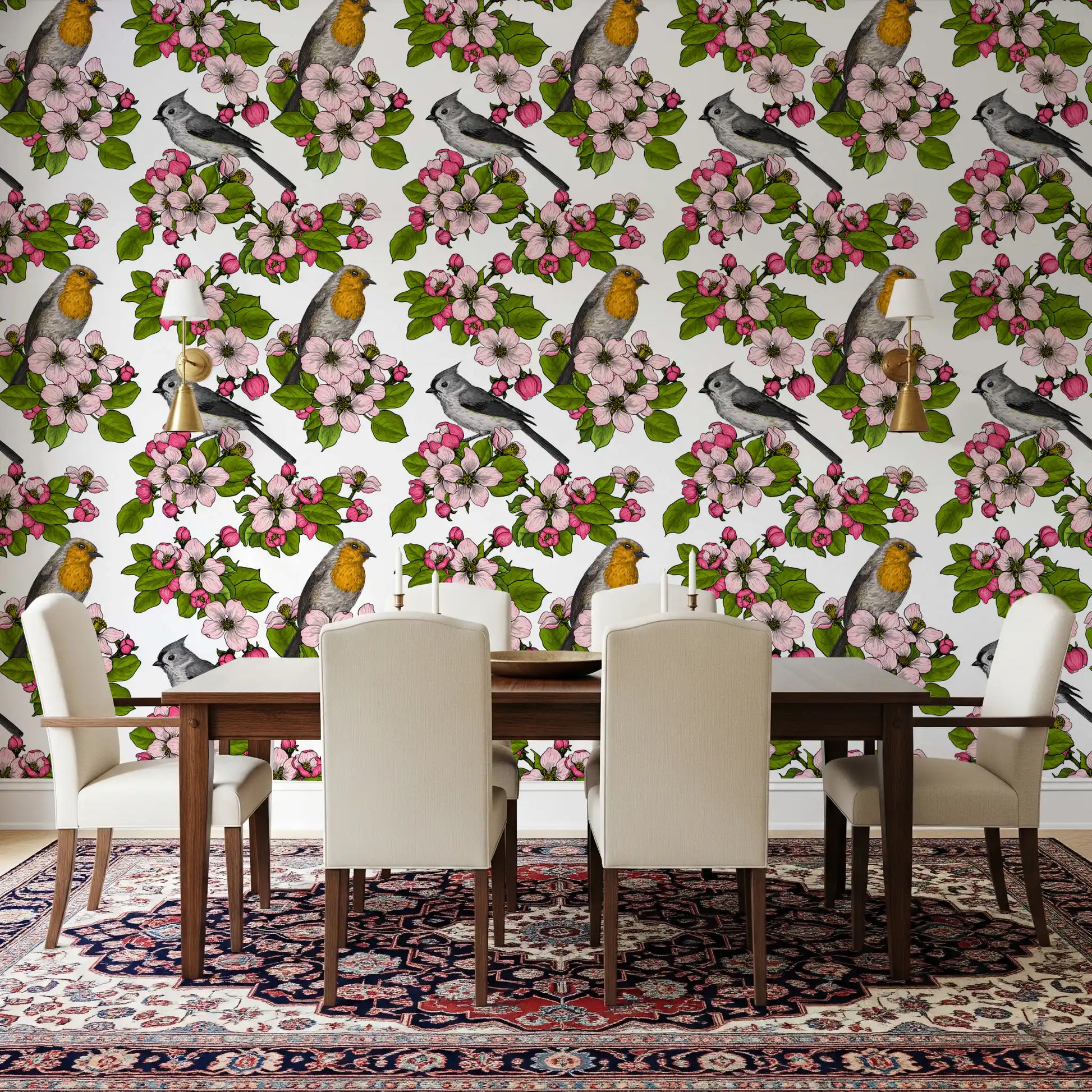 Dining room setup with Birds and Blossoms on White wallpaper bird theme