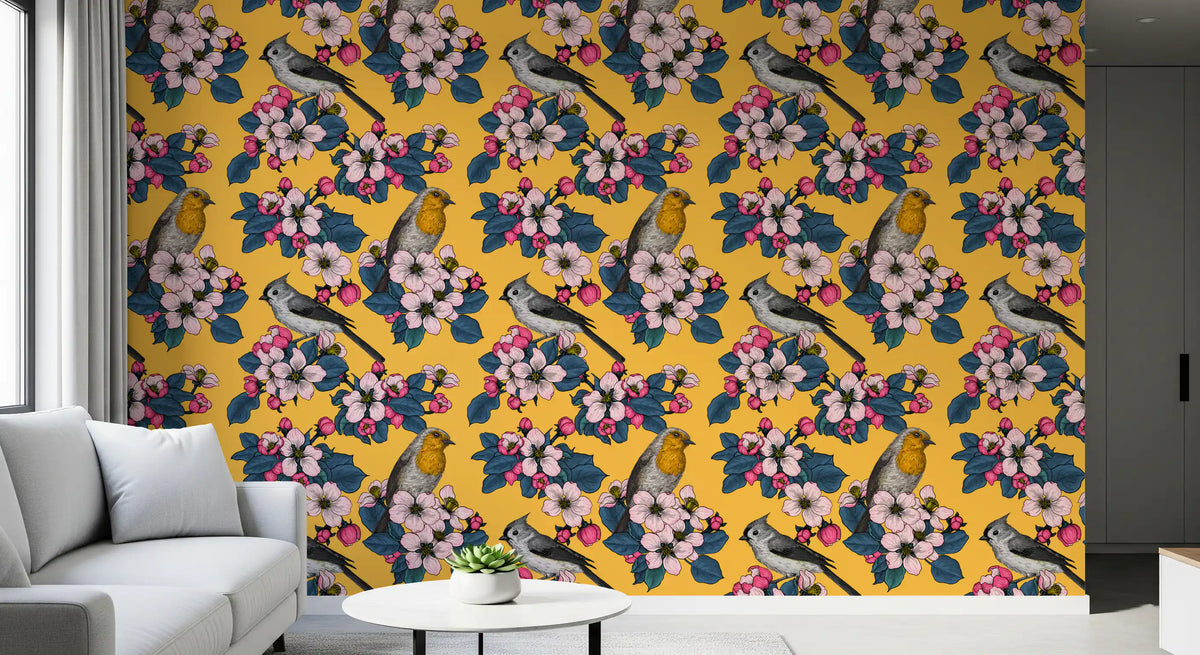 Yellow floral wallpaper with Birds and Blossoms bird pattern design