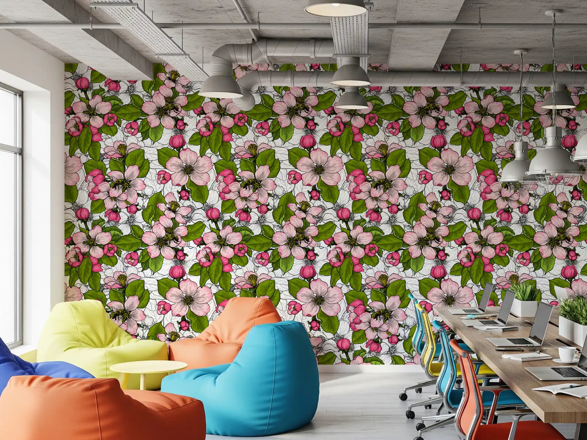 White floral wallpaper with Apple Blossom pink bloom arrangement