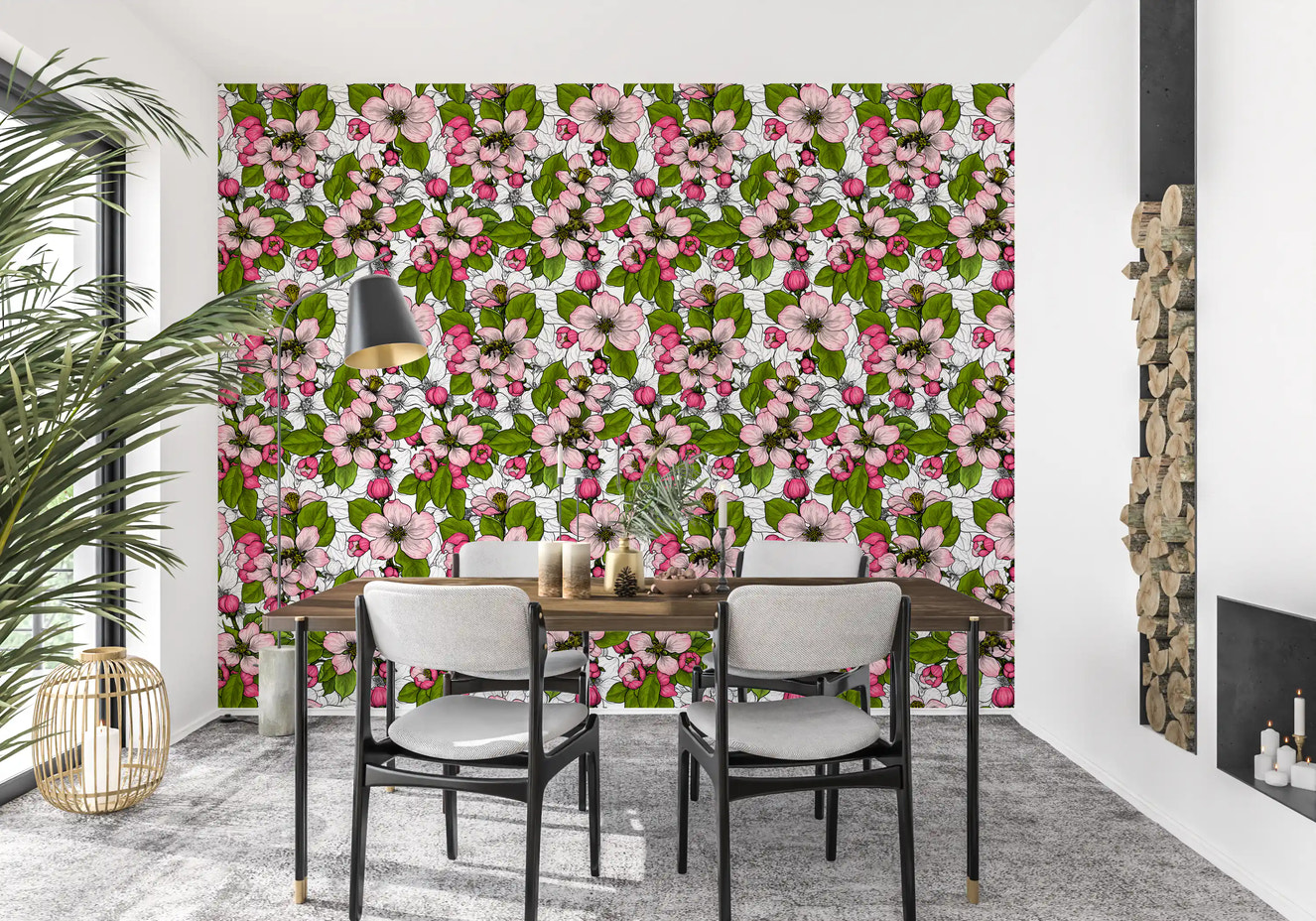 Apple Blossom on White wallpaper with pink blooms and green foliage