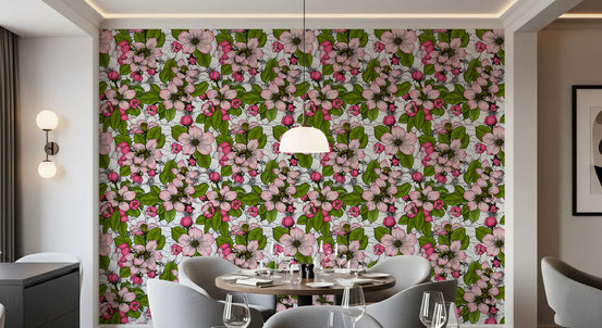 Dining room setup with Apple Blossom on White wallpaper floral layout