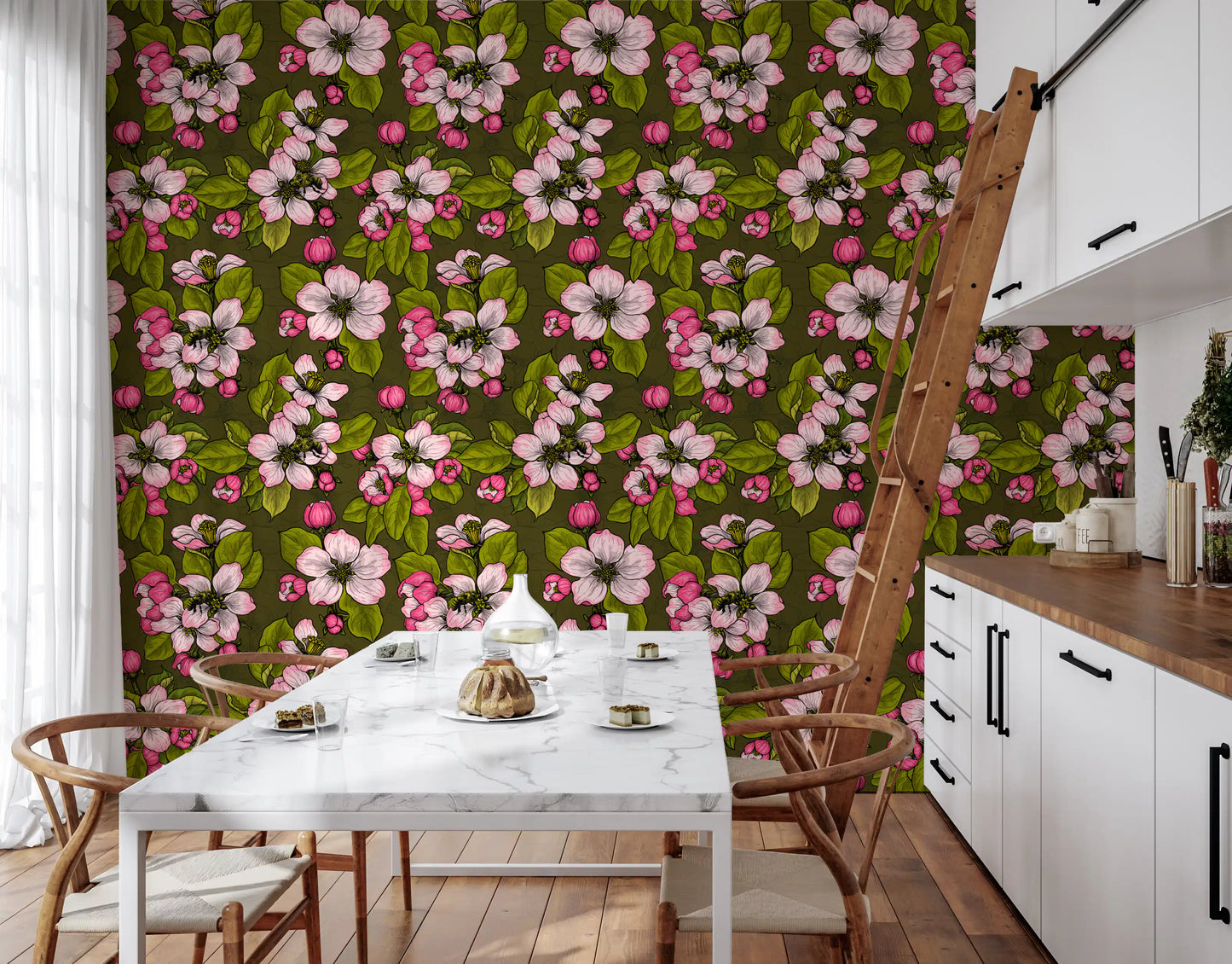 Botanical floral wallpaper with Apple Blossom on Green leaf design