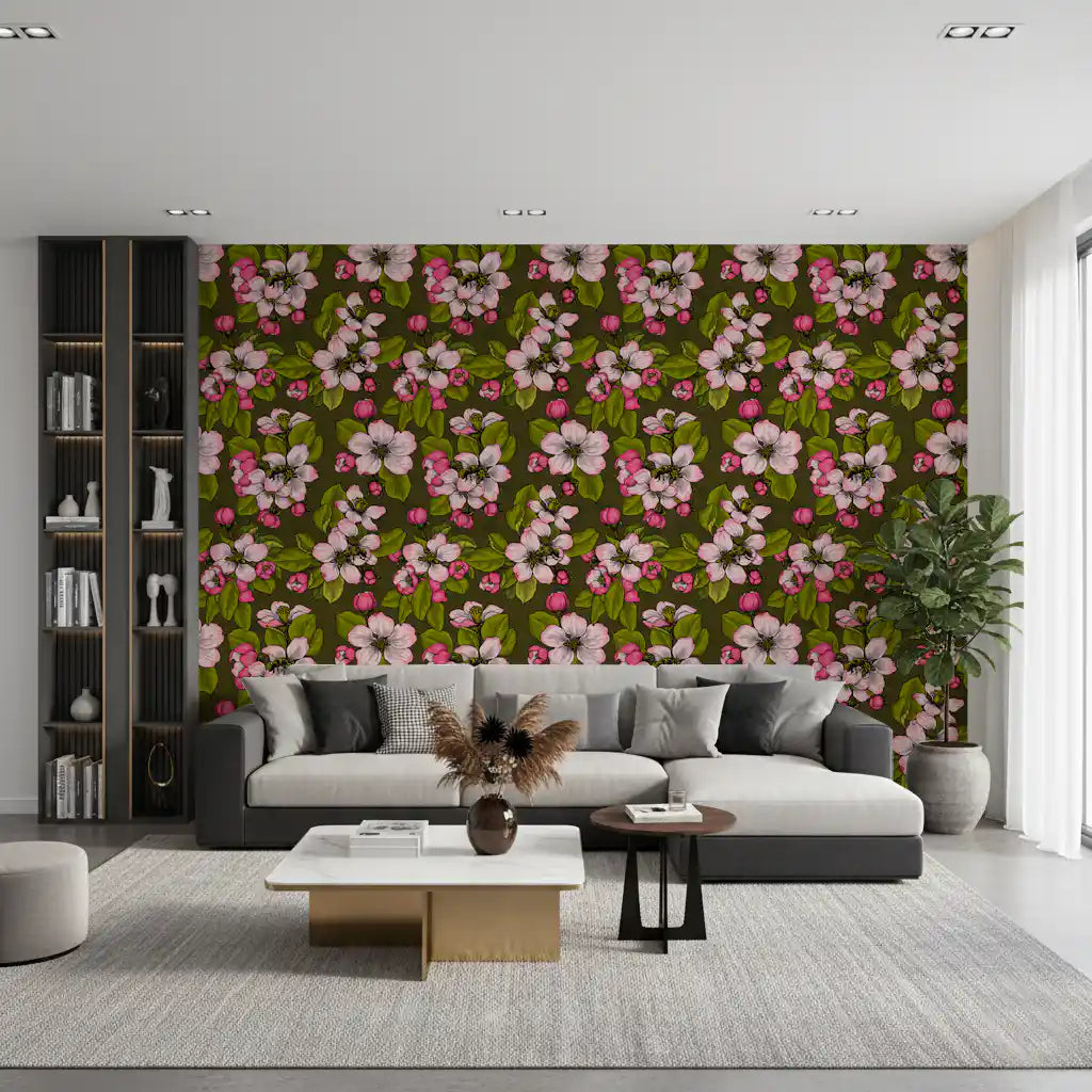 Apple Blossom on Green wallpaper showing layered flowers and leaves