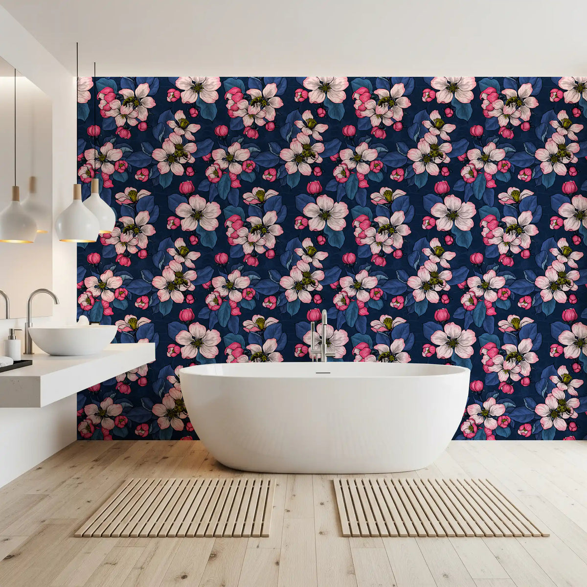 Bathroom styled with Apple Blossom on Dark Blue wallpaper floral pattern