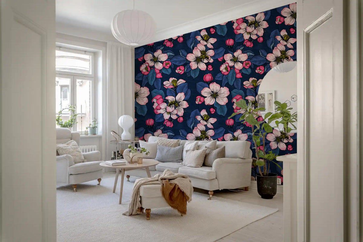 Floral wallpaper featuring Apple Blossom on Dark Blue detailed pattern