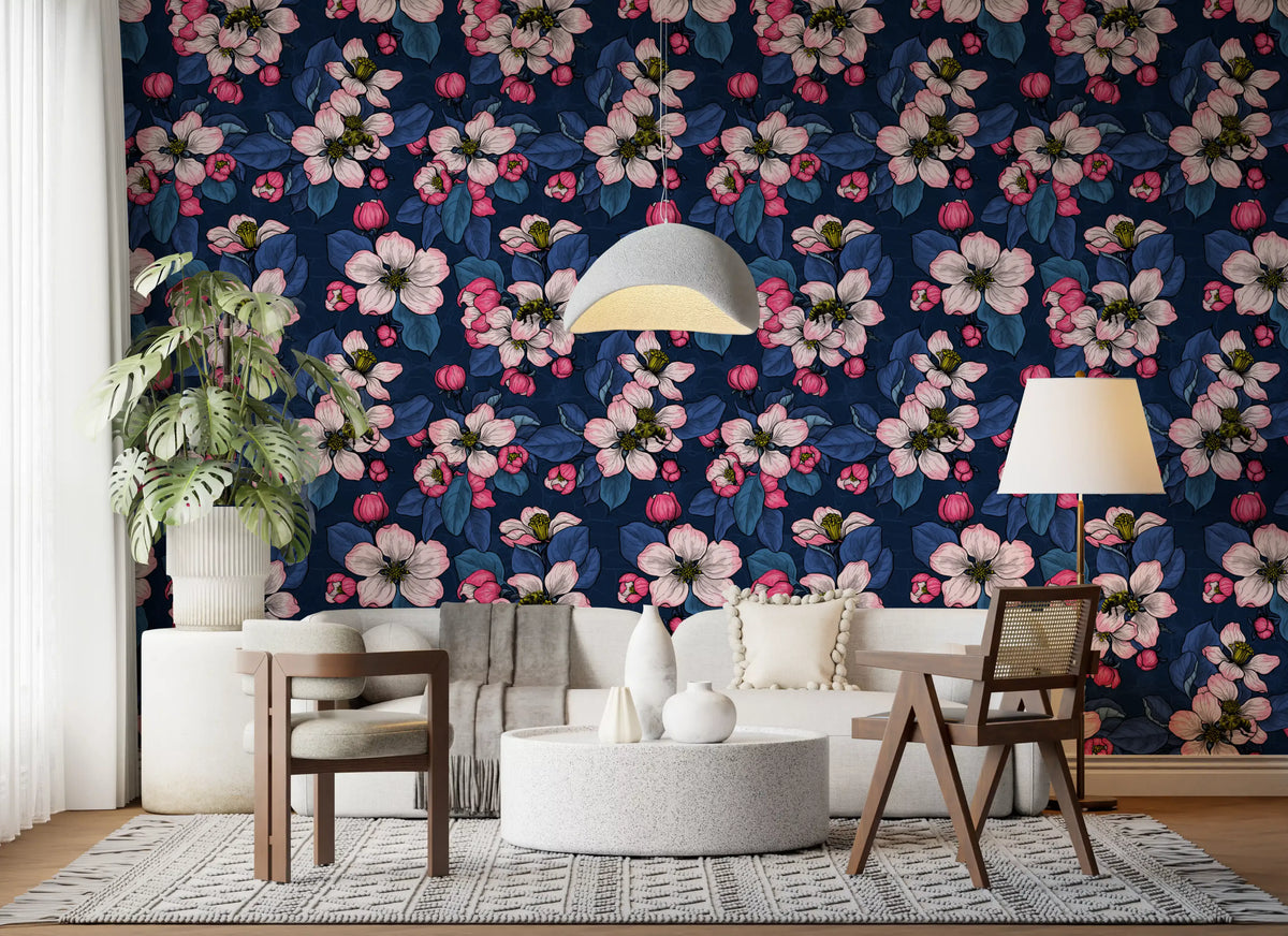 Hallway space using Apple Blossom on Dark Blue wallpaper botanical design