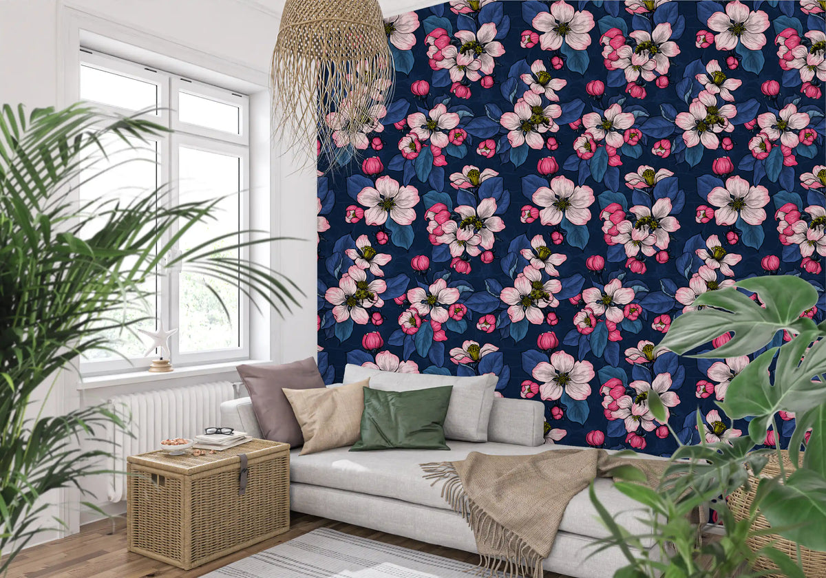 Botanical floral wallpaper with Apple Blossom on Dark Blue design