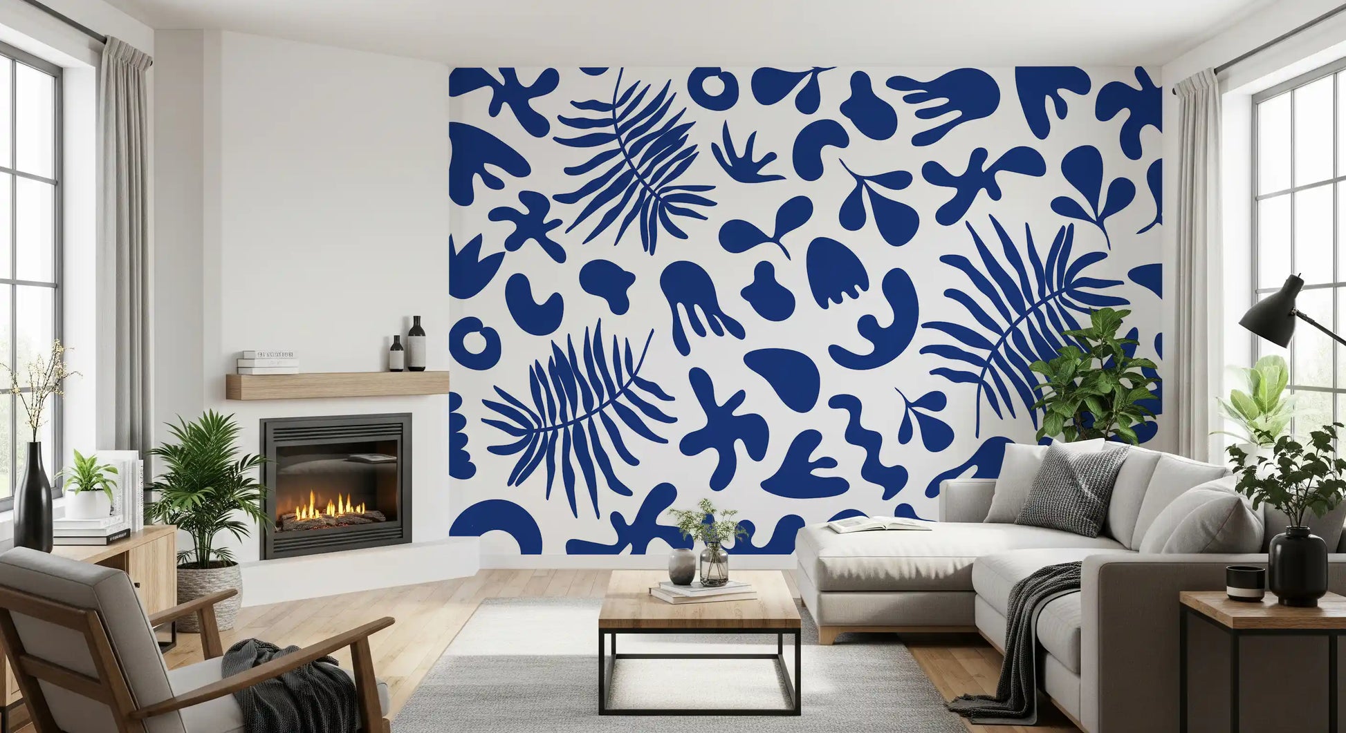 Deep blue Wall Mural with clipped foliage and abstract plant forms