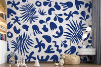 Botanical Clipped Garden wall mural with crisp blue leaf pattern