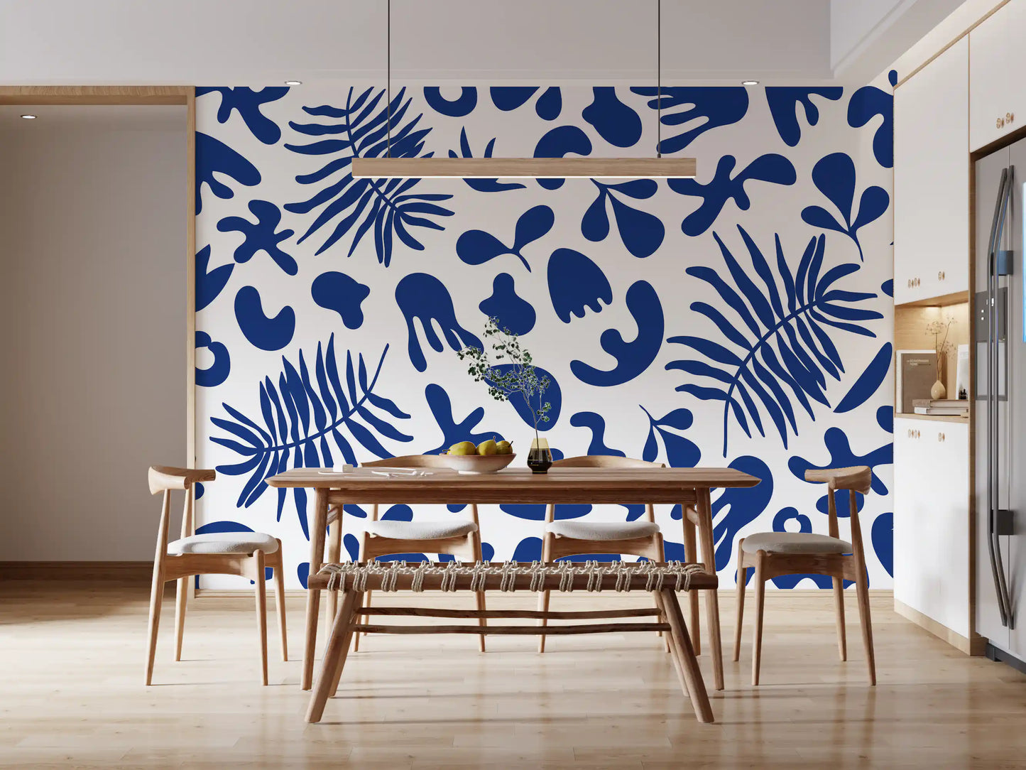 Contemporary Wall Mural in blue with palm leaves and clipped motifs