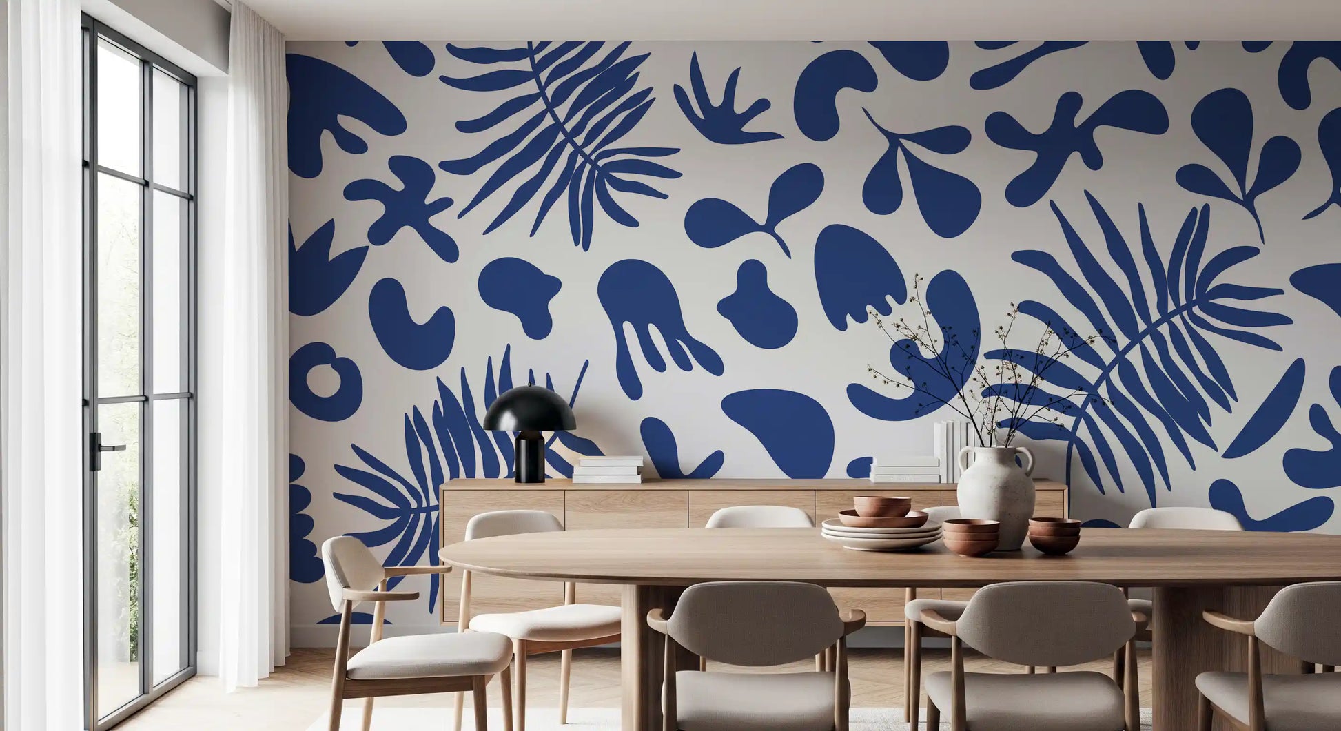 Dining area featuring Clipped Garden mural in rich blue organic forms