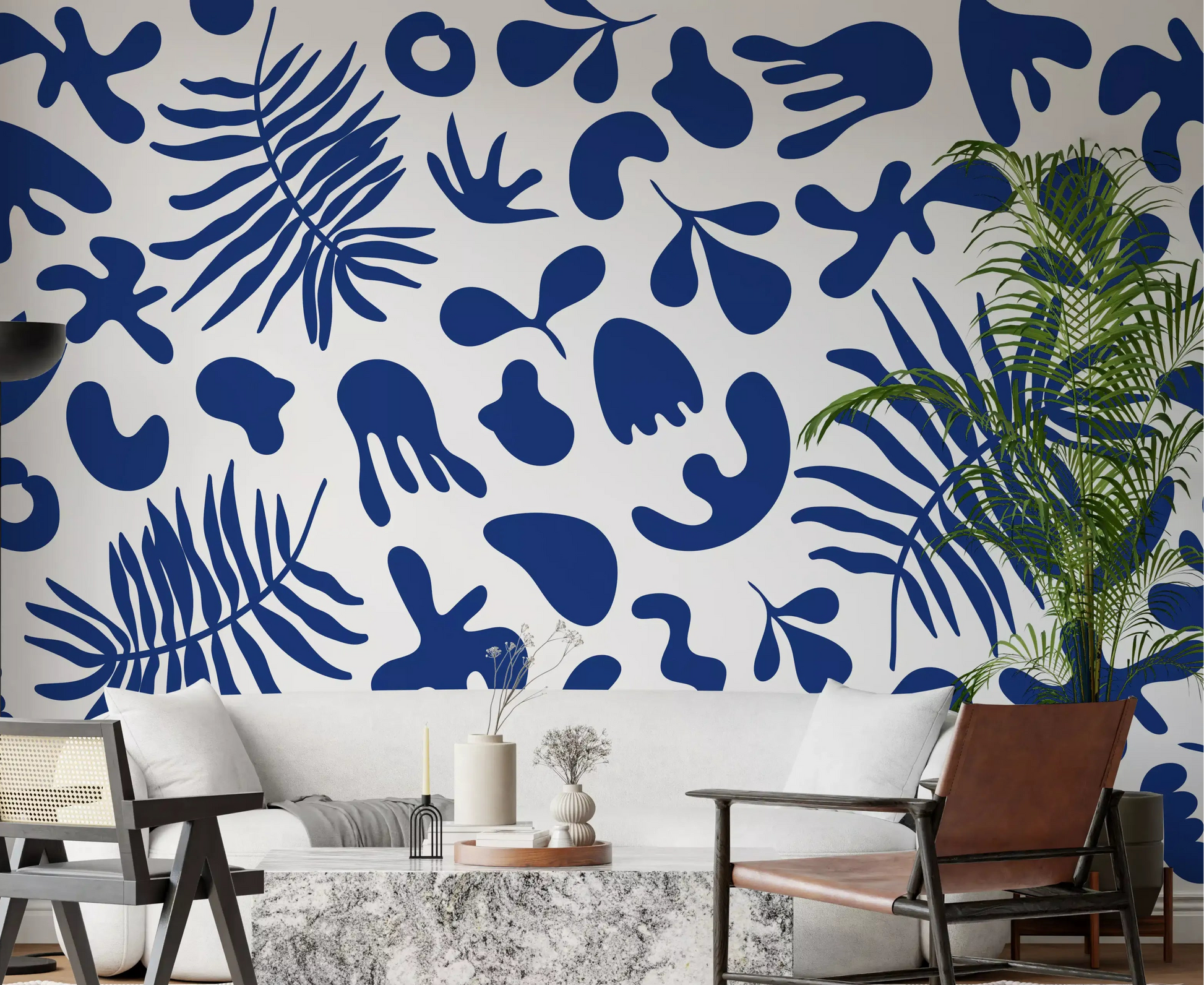 Living room with Blue Clipped Garden wall mural and bold botanical shapes