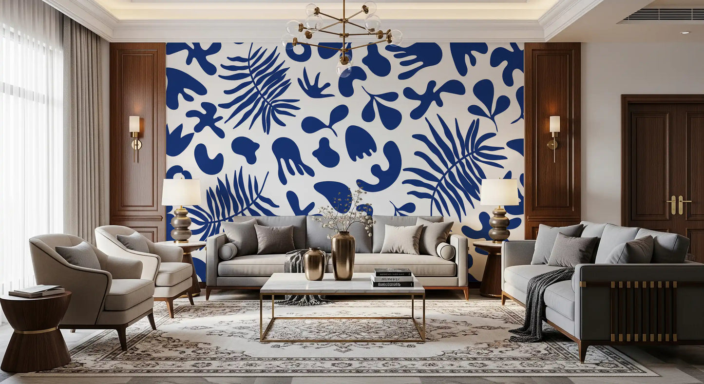 Living room with Blue Clipped wall mural and palm-inspired detail