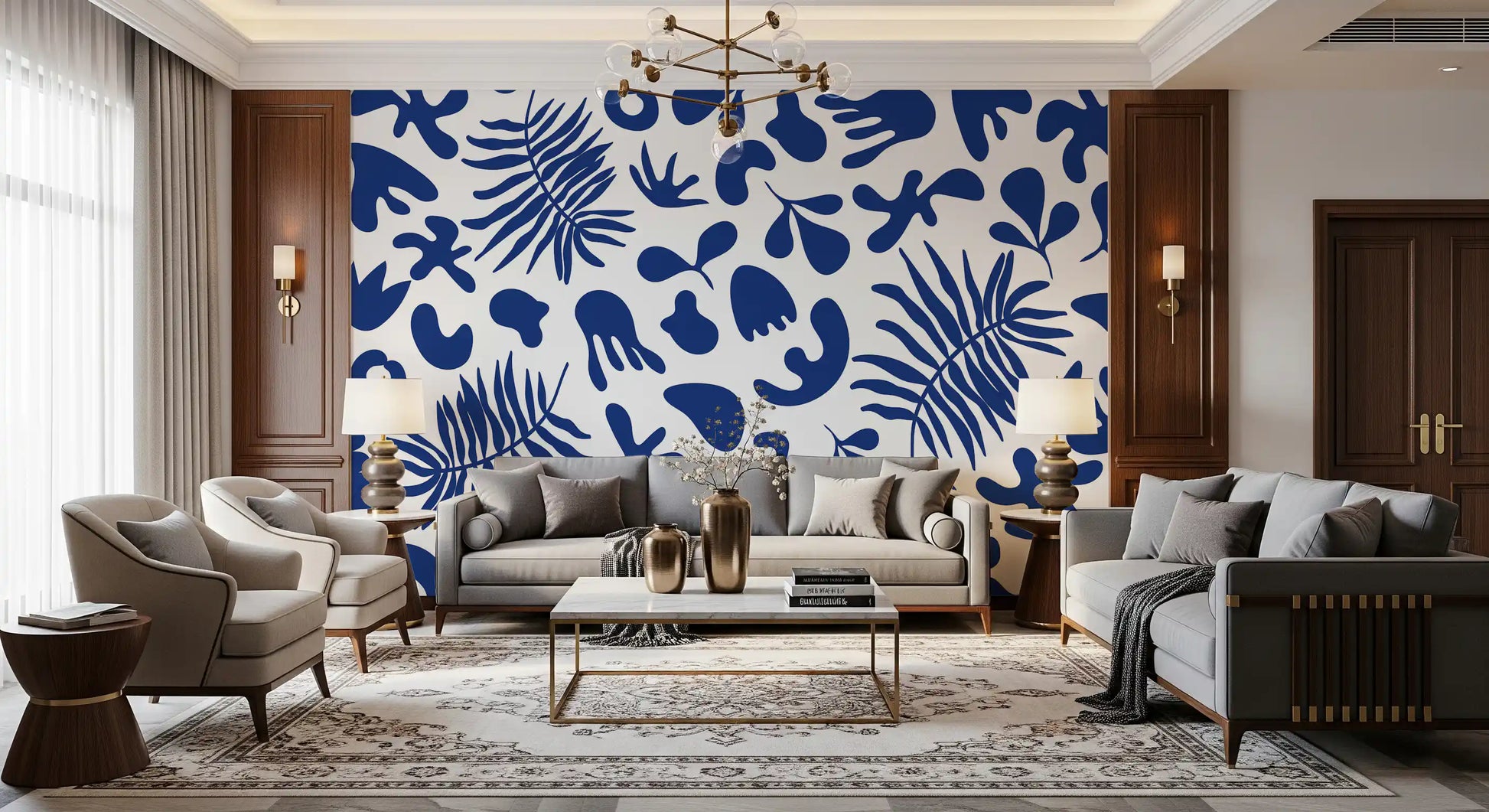 Living room with Blue Clipped wall mural and palm-inspired detail