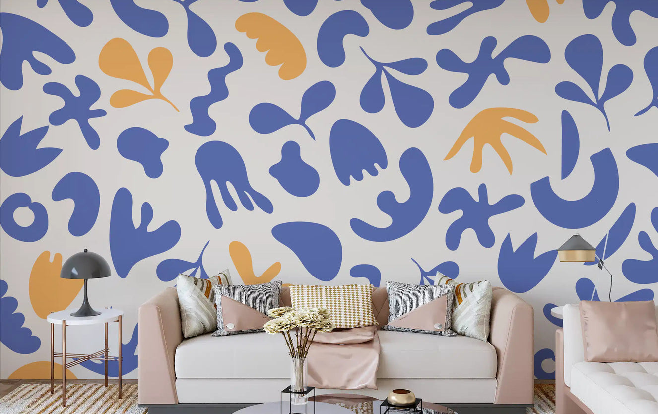 Living area with Blue Organic Flow wall mural in soft abstract pattern