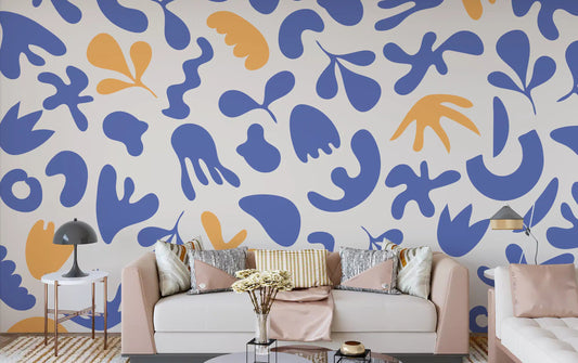 Living area with Blue Organic Flow wall mural in soft abstract pattern